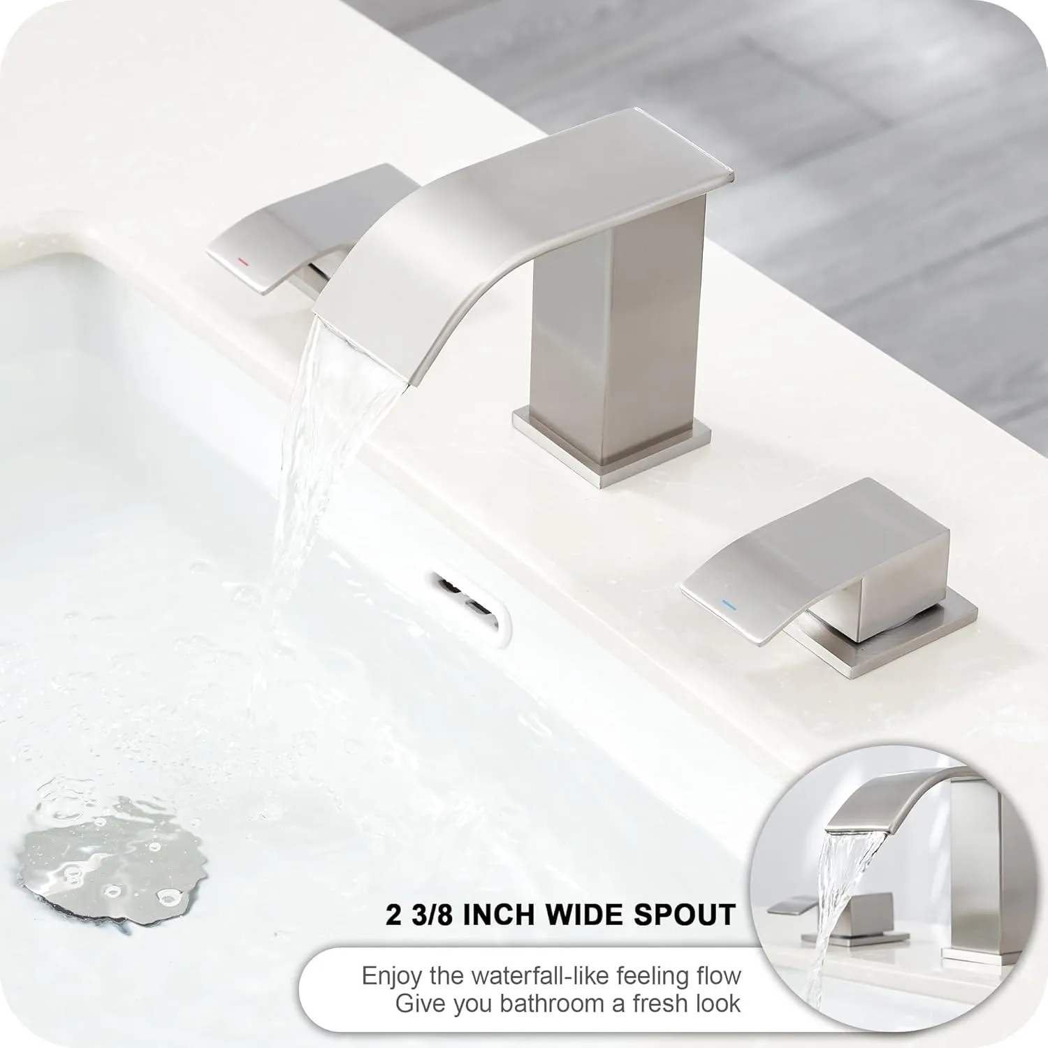 GAGALIFE 8 Inch Waterfall Bathroom Faucets 3 Hole - Brushed Nickel Widespread Bathroom Faucet with Pop-up Drain, Two Handles Bathroom Sink Faucet, Modern Vanity Sink faucets with Supply Lines