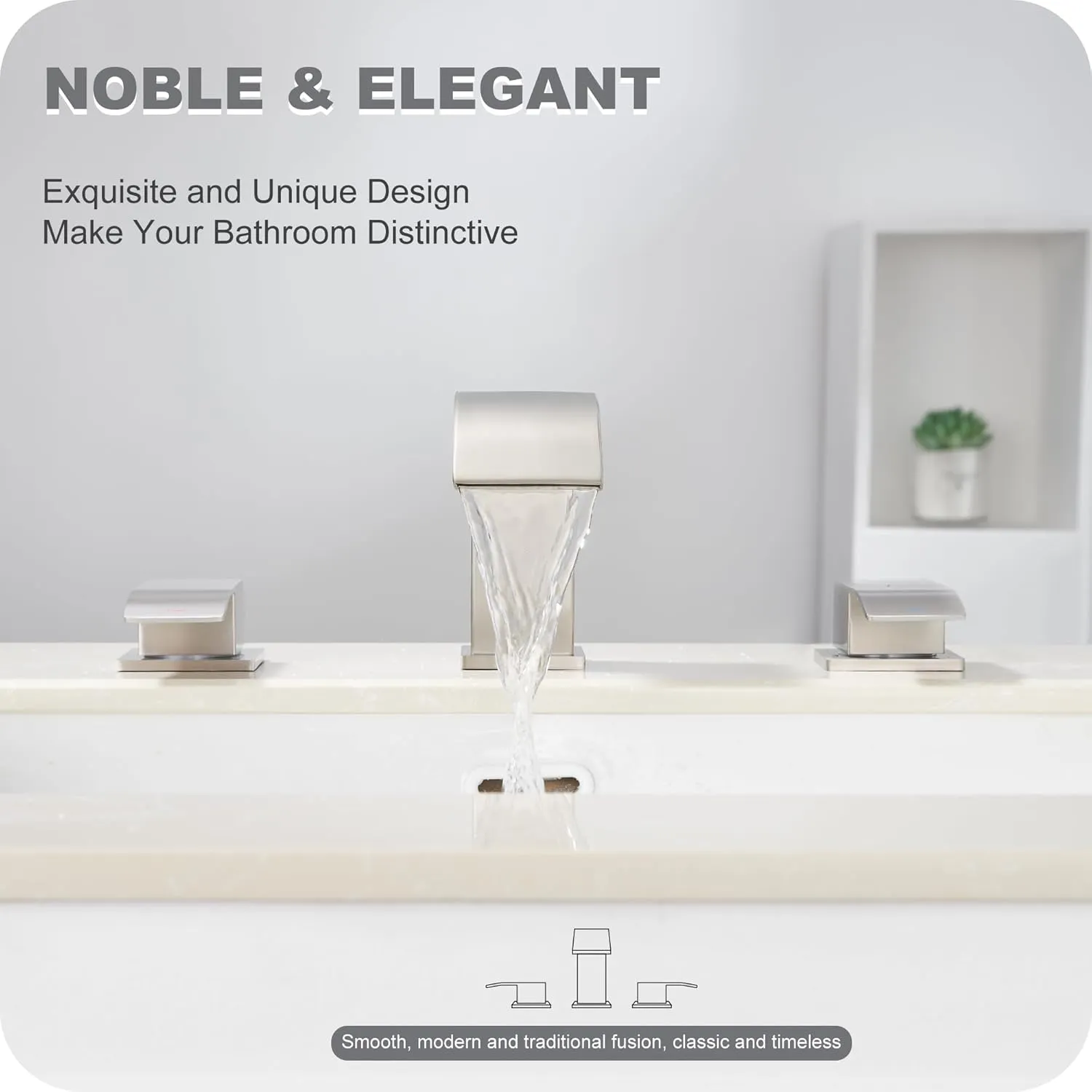 GAGALIFE 8 Inch Waterfall Bathroom Faucets 3 Hole - Brushed Nickel Widespread Bathroom Faucet with Pop-up Drain, Two Handles Bathroom Sink Faucet, Modern Vanity Sink faucets with Supply Lines