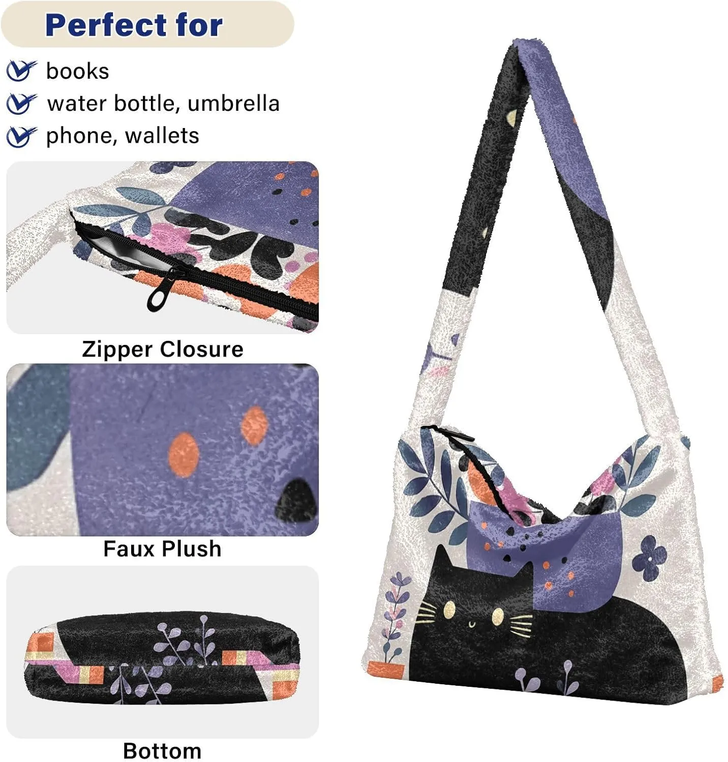 GAIGEO Cat Cartoon on Blue Black Ladies Shoulder Bag, Shoulder Purse with Zipper, Womens Outdoor Bag