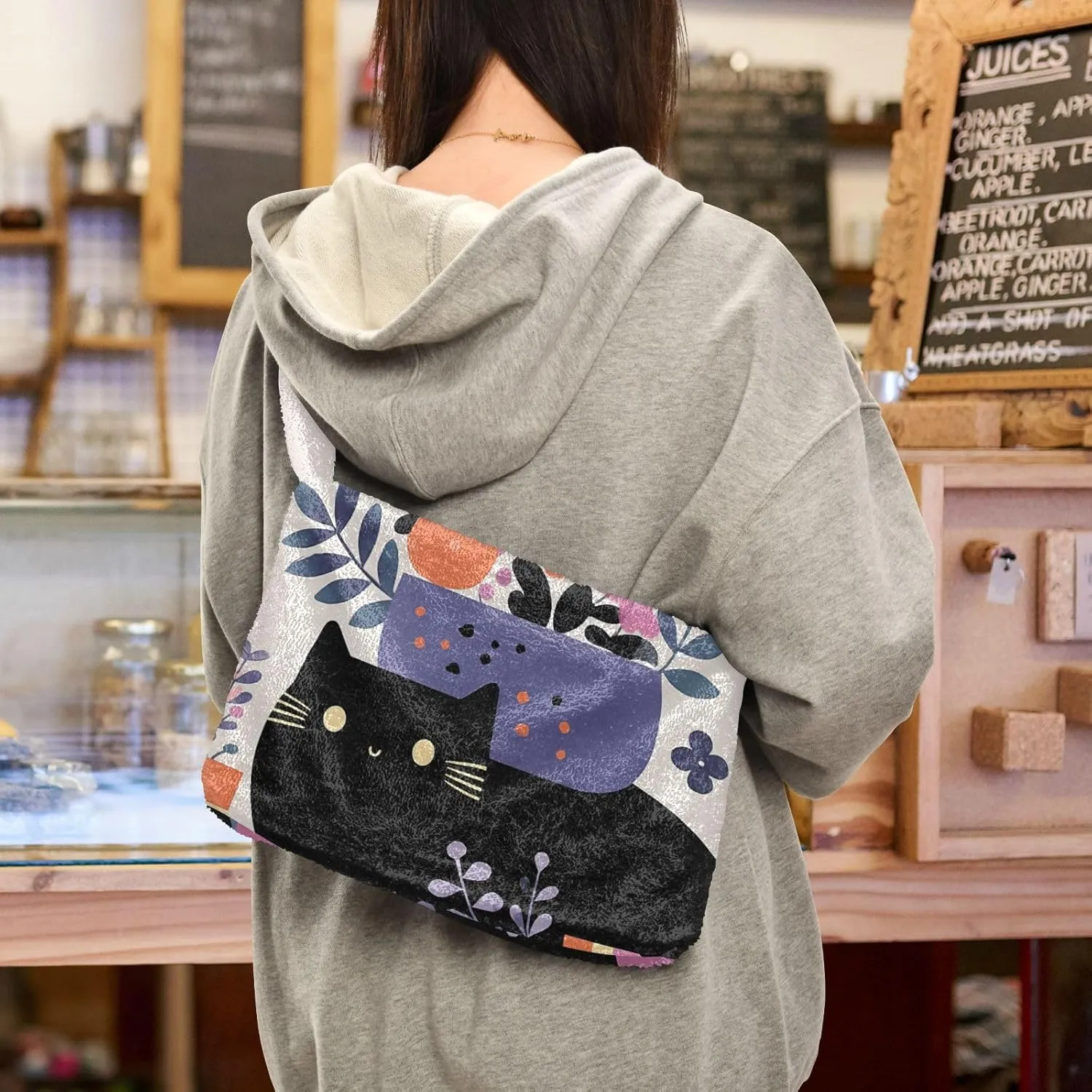 GAIGEO Cat Cartoon on Blue Black Ladies Shoulder Bag, Shoulder Purse with Zipper, Womens Outdoor Bag