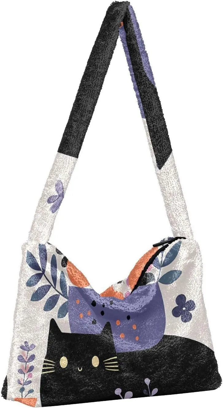 GAIGEO Cat Cartoon on Blue Black Ladies Shoulder Bag, Shoulder Purse with Zipper, Womens Outdoor Bag