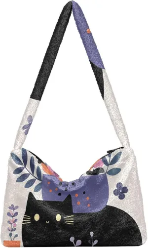 GAIGEO Cat Cartoon on Blue Black Ladies Shoulder Bag, Shoulder Purse with Zipper, Womens Outdoor Bag