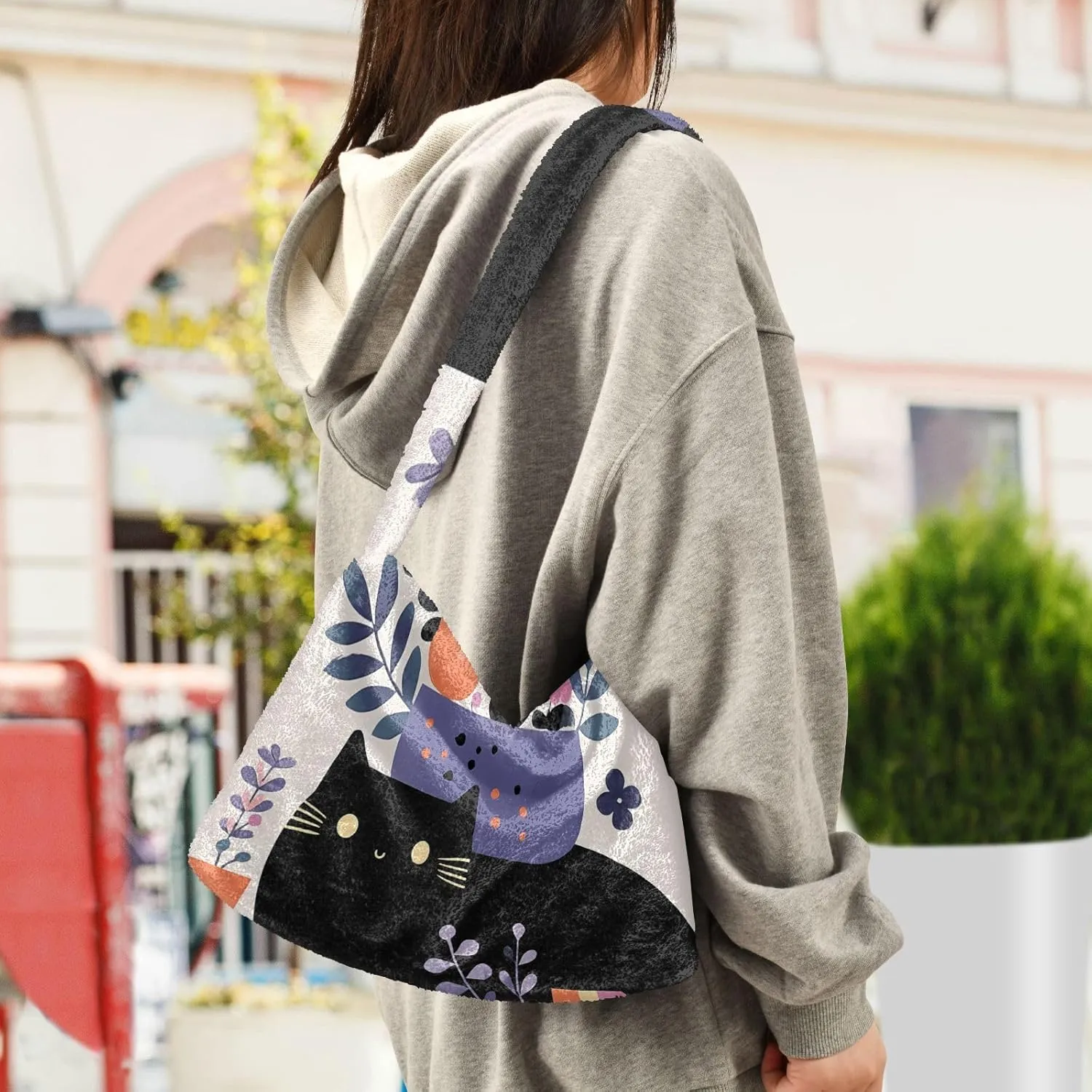 GAIGEO Cat Cartoon on Blue Black Ladies Shoulder Bag, Shoulder Purse with Zipper, Womens Outdoor Bag