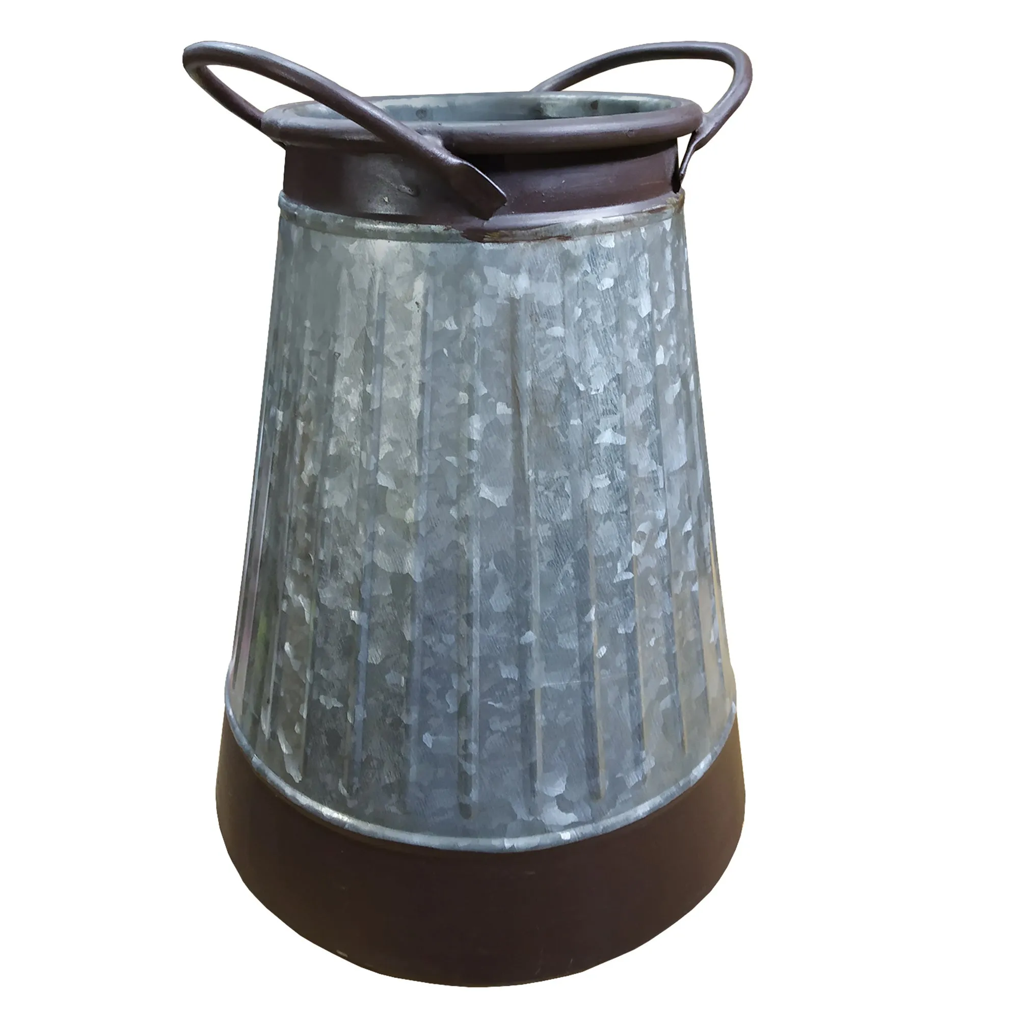 Galvanized Metal Corrugated Flower Vase with Curved Side Handles; Gray and Brown