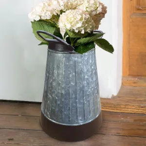 Galvanized Metal Corrugated Flower Vase with Curved Side Handles; Gray and Brown