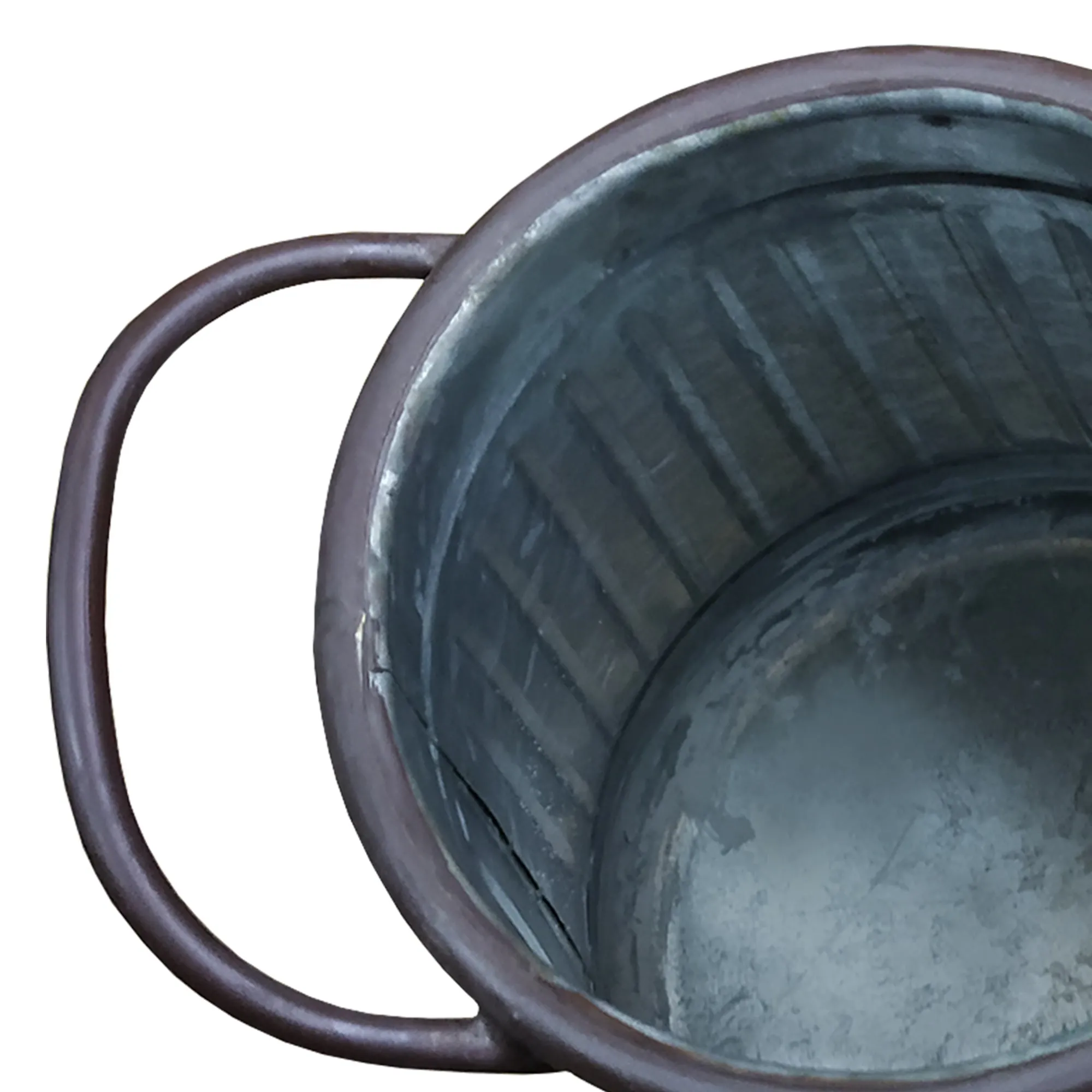 Galvanized Metal Corrugated Flower Vase with Curved Side Handles; Gray and Brown