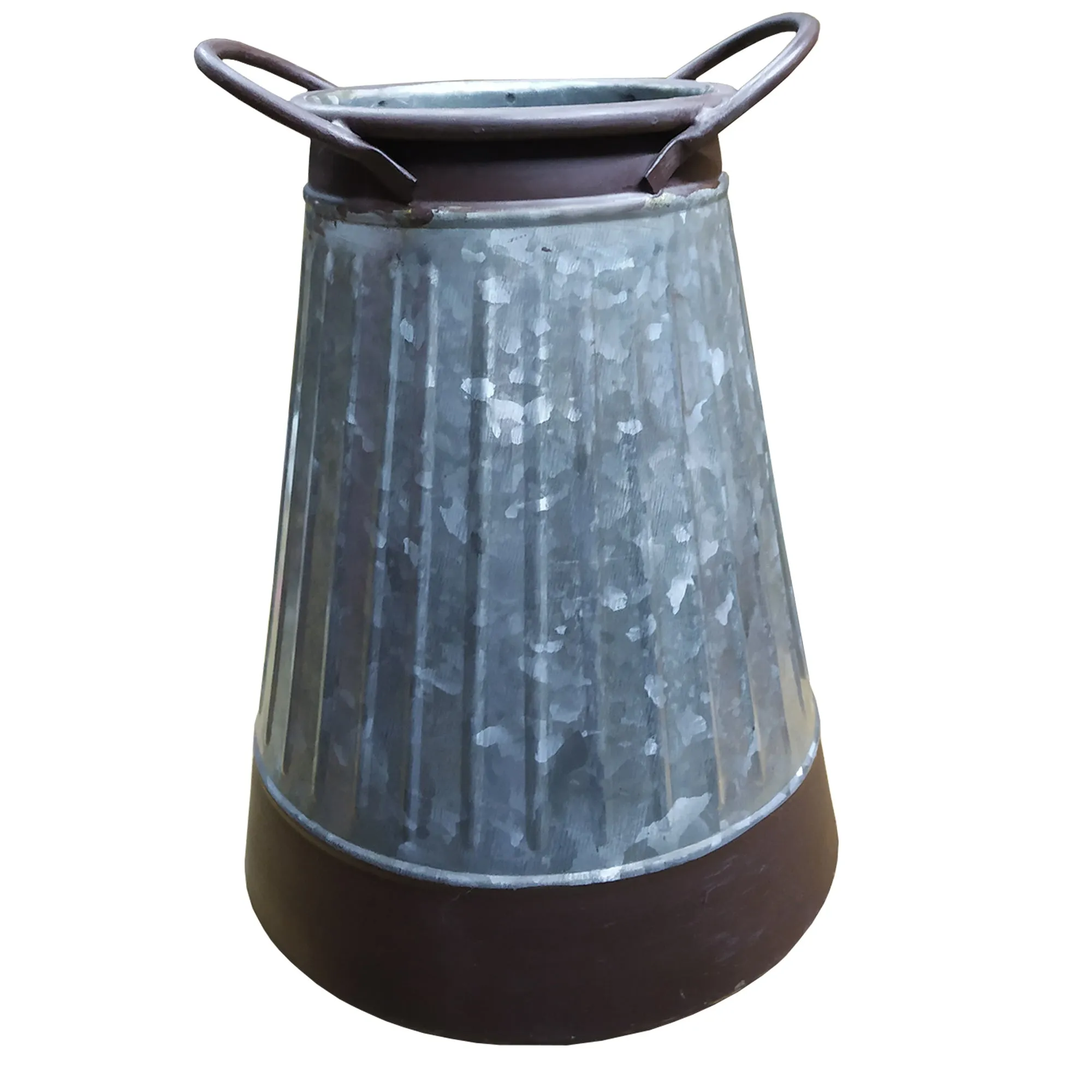 Galvanized Metal Corrugated Flower Vase with Curved Side Handles; Gray and Brown