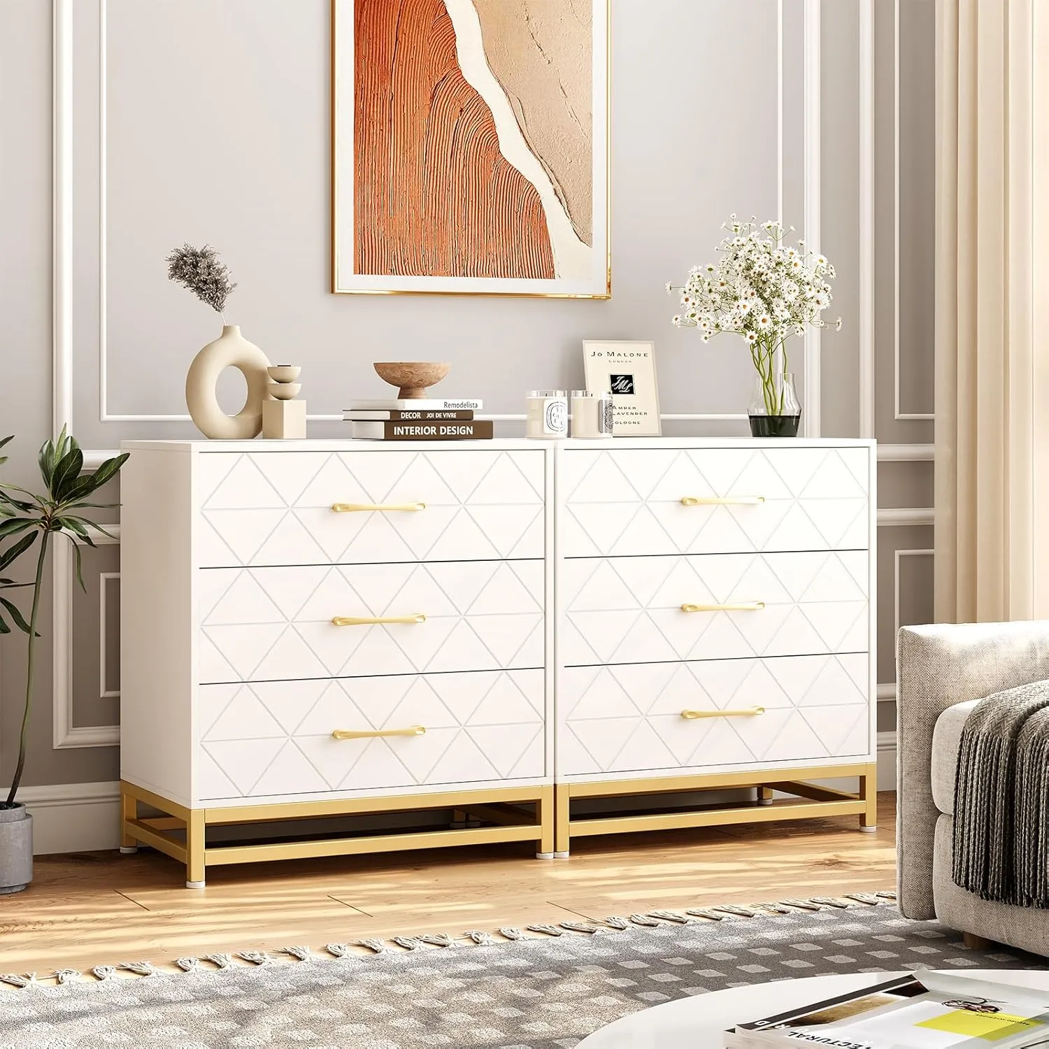 GAOMON Dresser for Bedroom with 3 Drawer, Modern Dressers Chest of Drawers, with Wide Drawers and Metal Handles, Wood Dressers, White