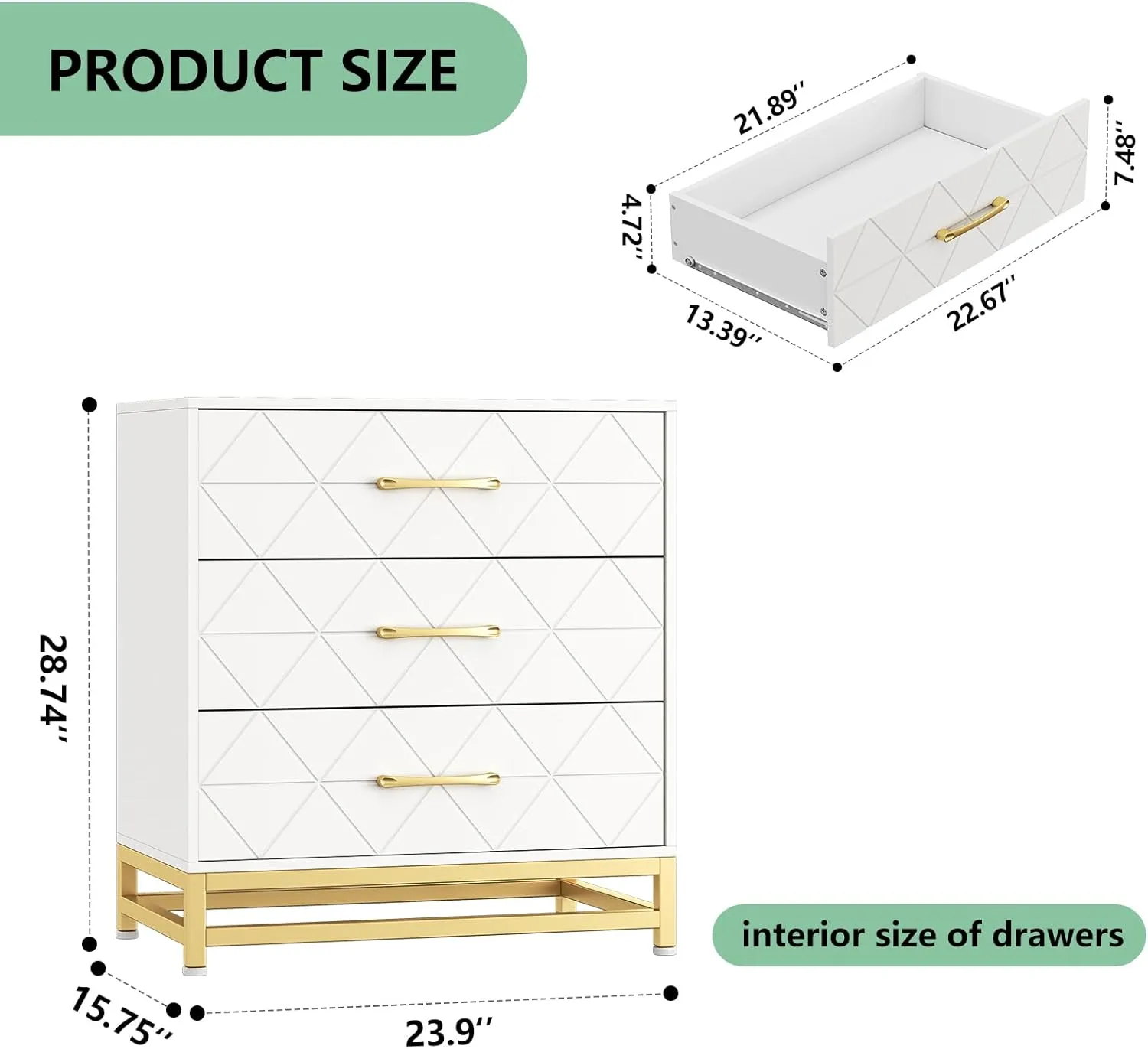 GAOMON Dresser for Bedroom with 3 Drawer, Modern Dressers Chest of Drawers, with Wide Drawers and Metal Handles, Wood Dressers, White