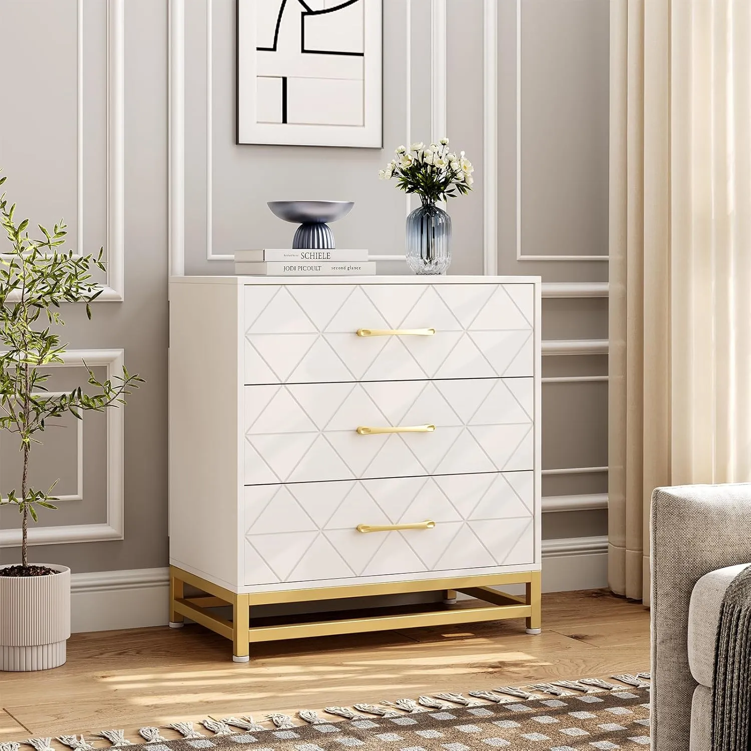 GAOMON Dresser for Bedroom with 3 Drawer, Modern Dressers Chest of Drawers, with Wide Drawers and Metal Handles, Wood Dressers, White