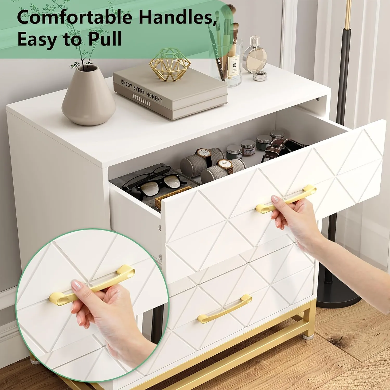 GAOMON Dresser for Bedroom with 3 Drawer, Modern Dressers Chest of Drawers, with Wide Drawers and Metal Handles, Wood Dressers, White