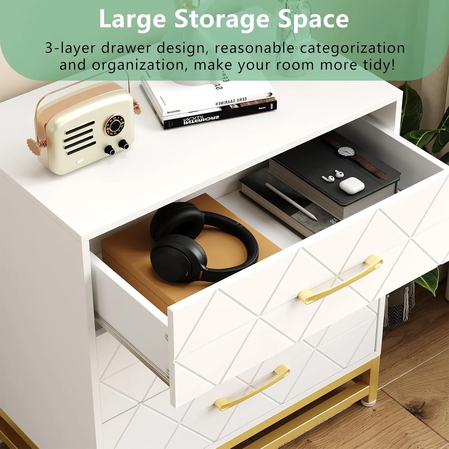 GAOMON Dresser for Bedroom with 3 Drawer, Modern Dressers Chest of Drawers, with Wide Drawers and Metal Handles, Wood Dressers, White