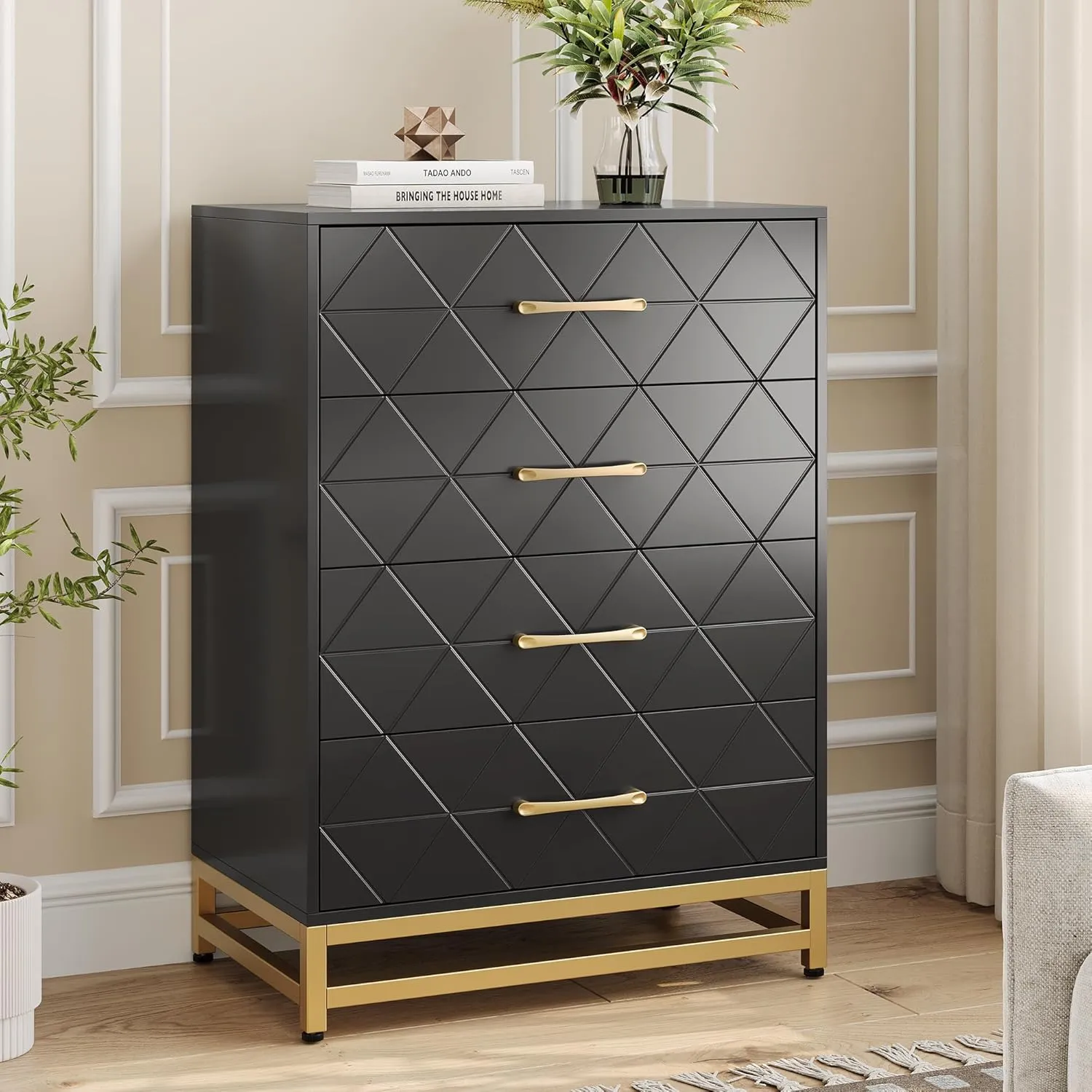 GAOMON Dresser for Bedroom with 4 Drawer, Modern Dressers Chest of Drawers, with Wide Drawers and Metal Handles, Wood Dressers, Black