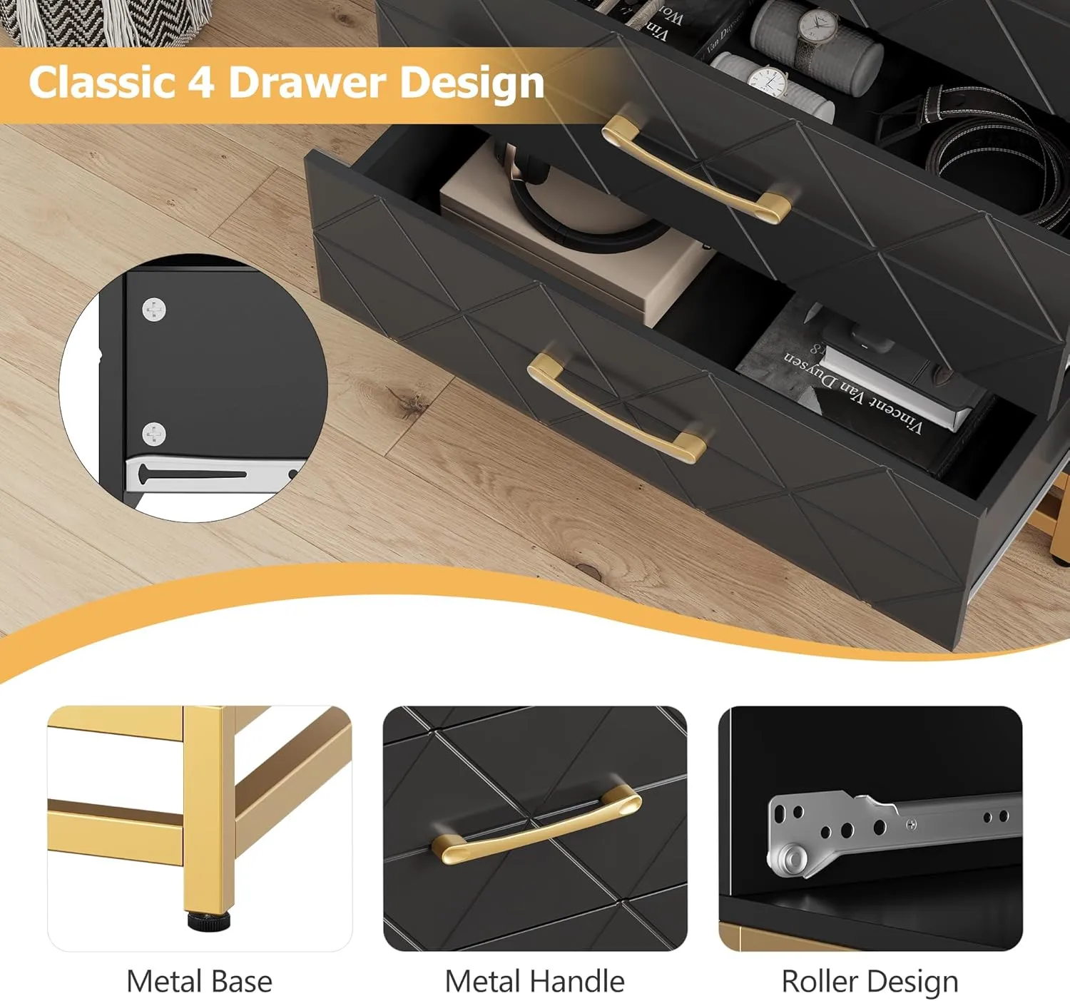 GAOMON Dresser for Bedroom with 4 Drawer, Modern Dressers Chest of Drawers, with Wide Drawers and Metal Handles, Wood Dressers, Black