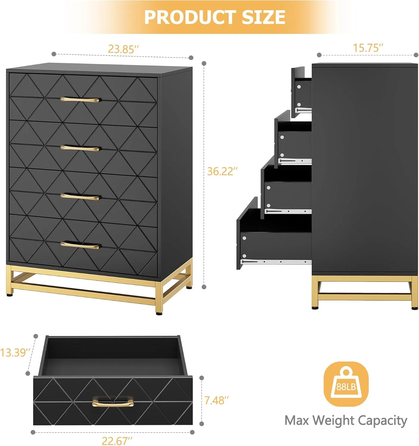 GAOMON Dresser for Bedroom with 4 Drawer, Modern Dressers Chest of Drawers, with Wide Drawers and Metal Handles, Wood Dressers, Black
