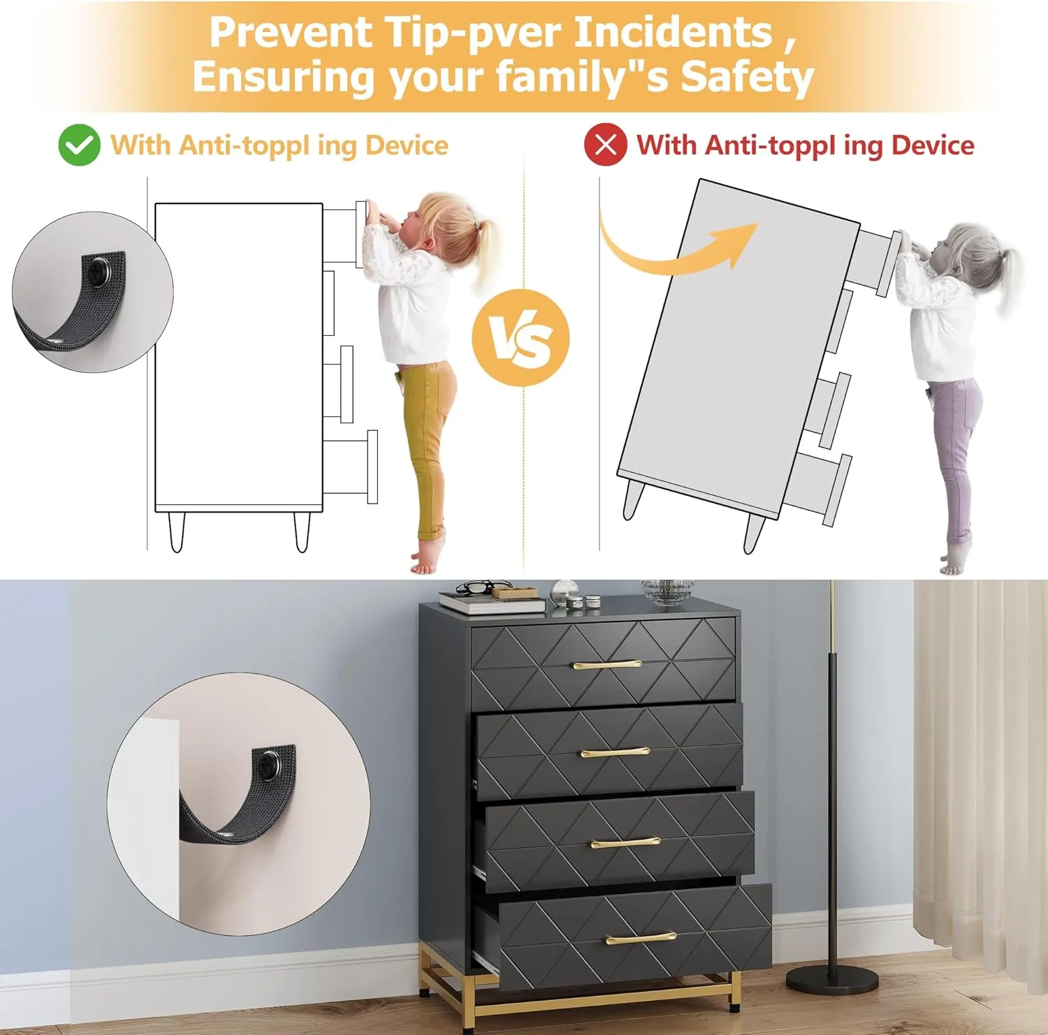 GAOMON Dresser for Bedroom with 4 Drawer, Modern Dressers Chest of Drawers, with Wide Drawers and Metal Handles, Wood Dressers, Black