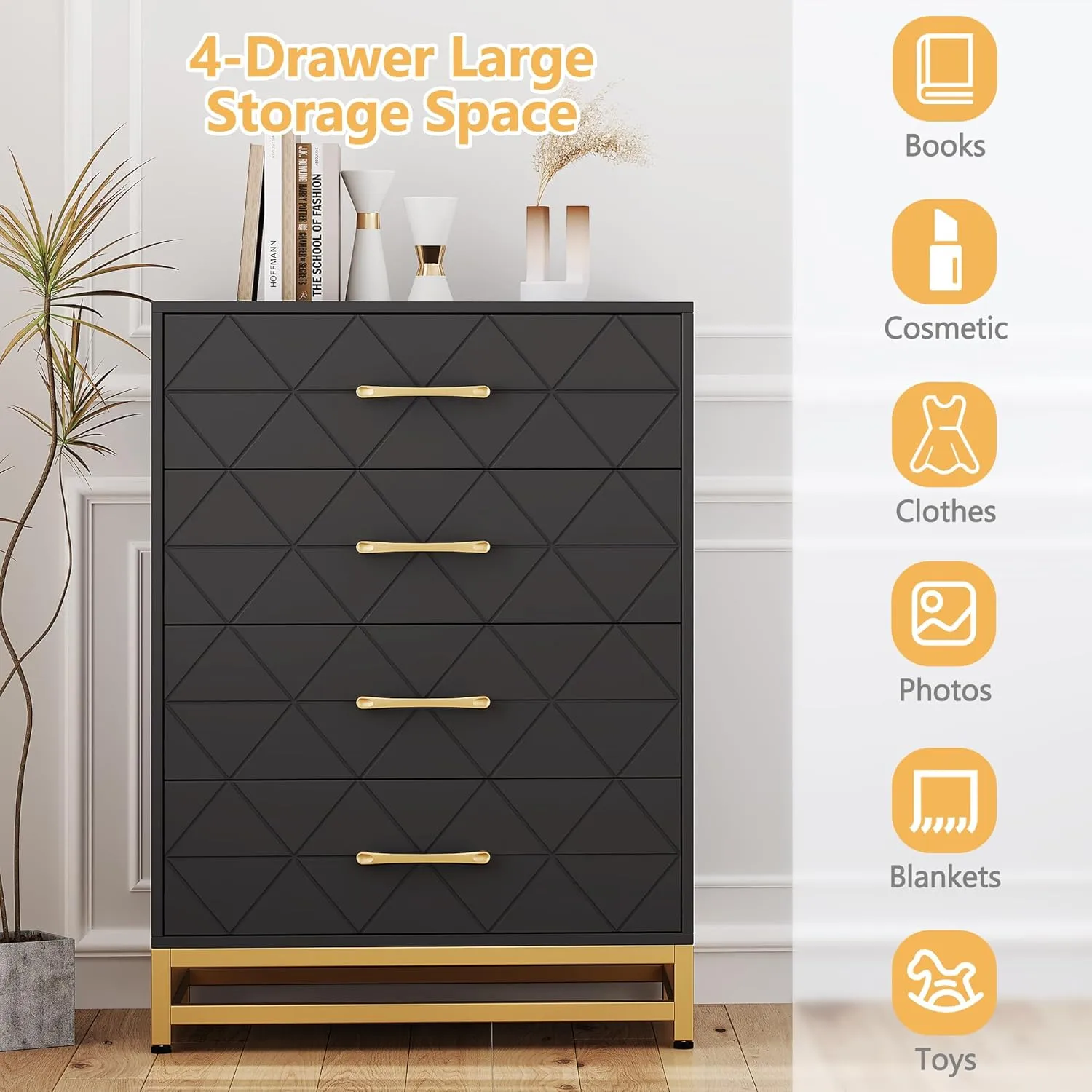 GAOMON Dresser for Bedroom with 4 Drawer, Modern Dressers Chest of Drawers, with Wide Drawers and Metal Handles, Wood Dressers, Black