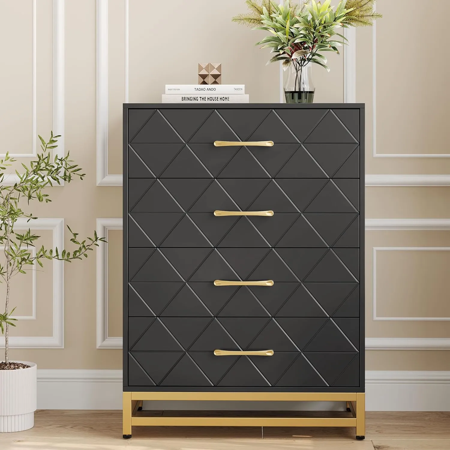 GAOMON Dresser for Bedroom with 4 Drawer, Modern Dressers Chest of Drawers, with Wide Drawers and Metal Handles, Wood Dressers, Black