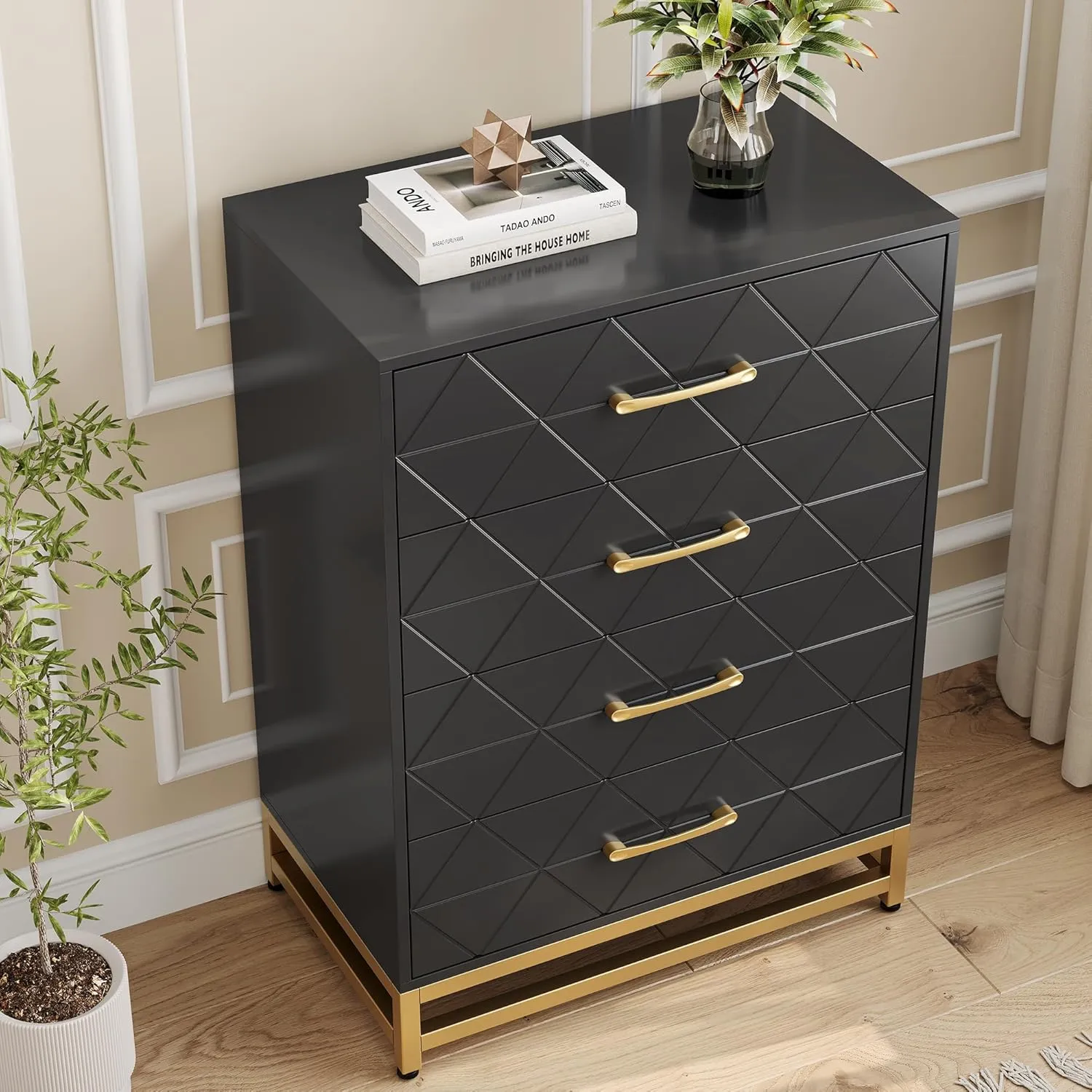 GAOMON Dresser for Bedroom with 4 Drawer, Modern Dressers Chest of Drawers, with Wide Drawers and Metal Handles, Wood Dressers, Black