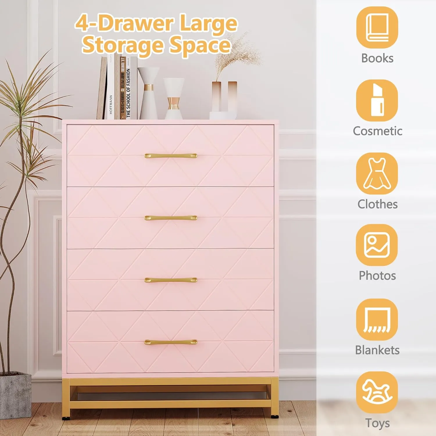 GAOMON Dresser for Bedroom with 4 Drawer, Modern Dressers Chest of Drawers, with Wide Drawers and Metal Handles, Wood Dressers, Pink