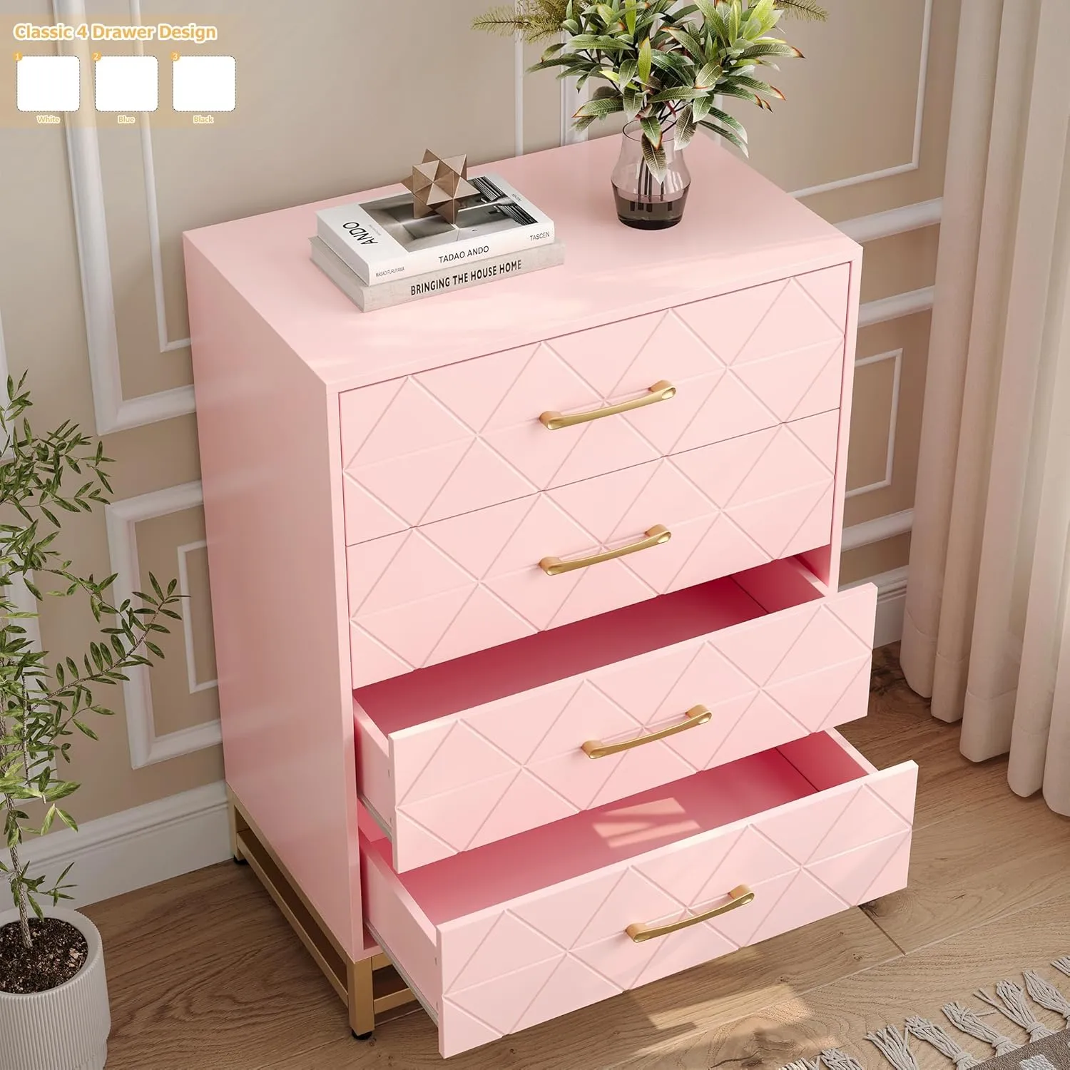 GAOMON Dresser for Bedroom with 4 Drawer, Modern Dressers Chest of Drawers, with Wide Drawers and Metal Handles, Wood Dressers, Pink