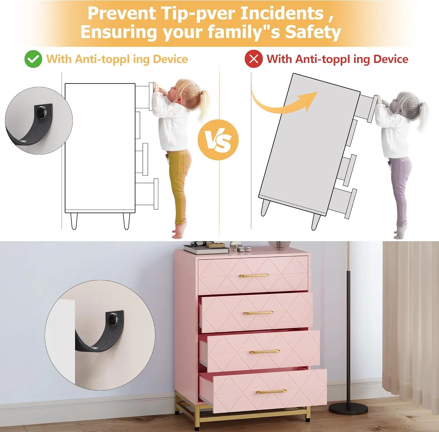 GAOMON Dresser for Bedroom with 4 Drawer, Modern Dressers Chest of Drawers, with Wide Drawers and Metal Handles, Wood Dressers, Pink