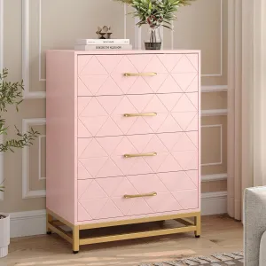 GAOMON Dresser for Bedroom with 4 Drawer, Modern Dressers Chest of Drawers, with Wide Drawers and Metal Handles, Wood Dressers, Pink