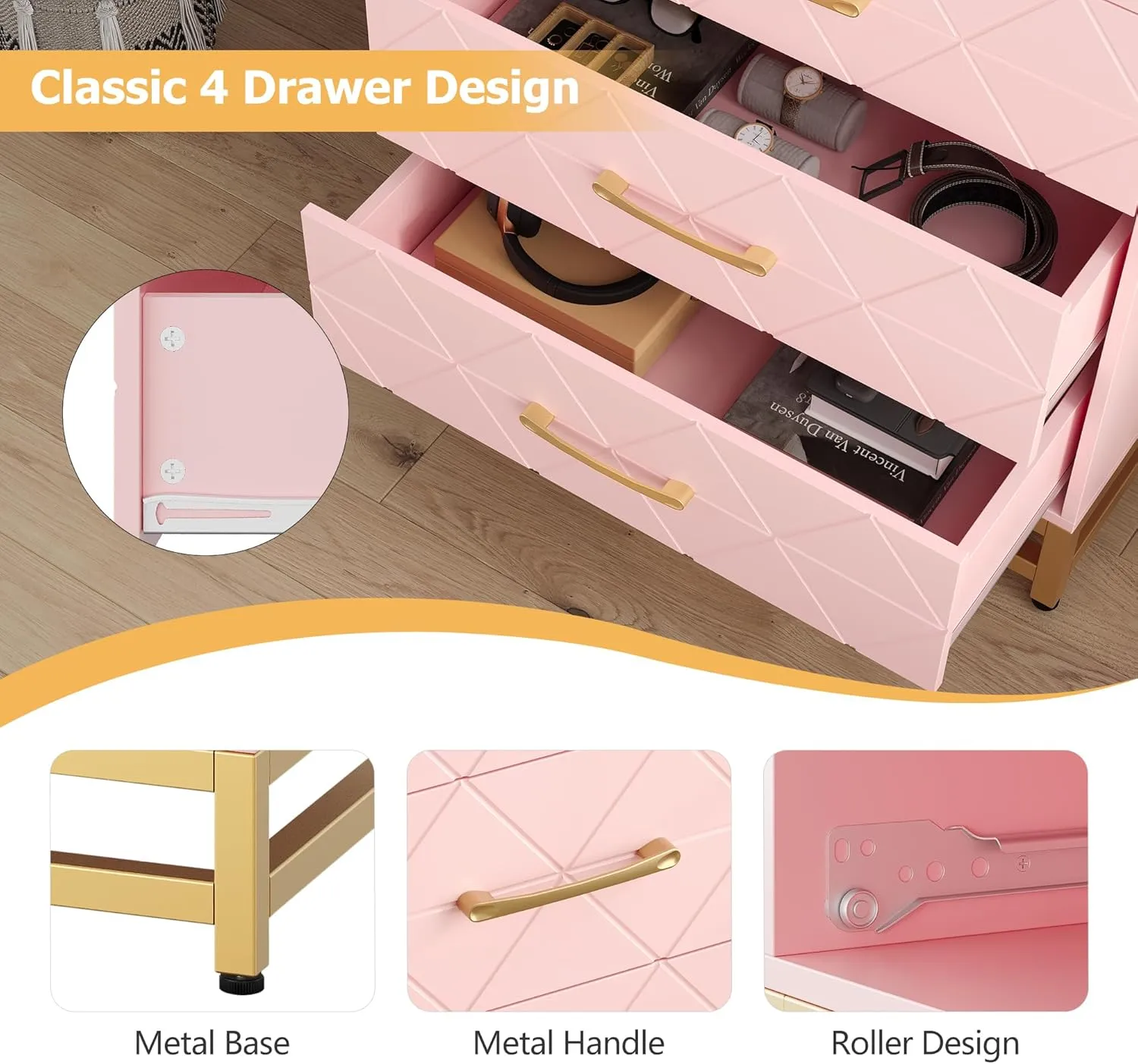 GAOMON Dresser for Bedroom with 4 Drawer, Modern Dressers Chest of Drawers, with Wide Drawers and Metal Handles, Wood Dressers, Pink