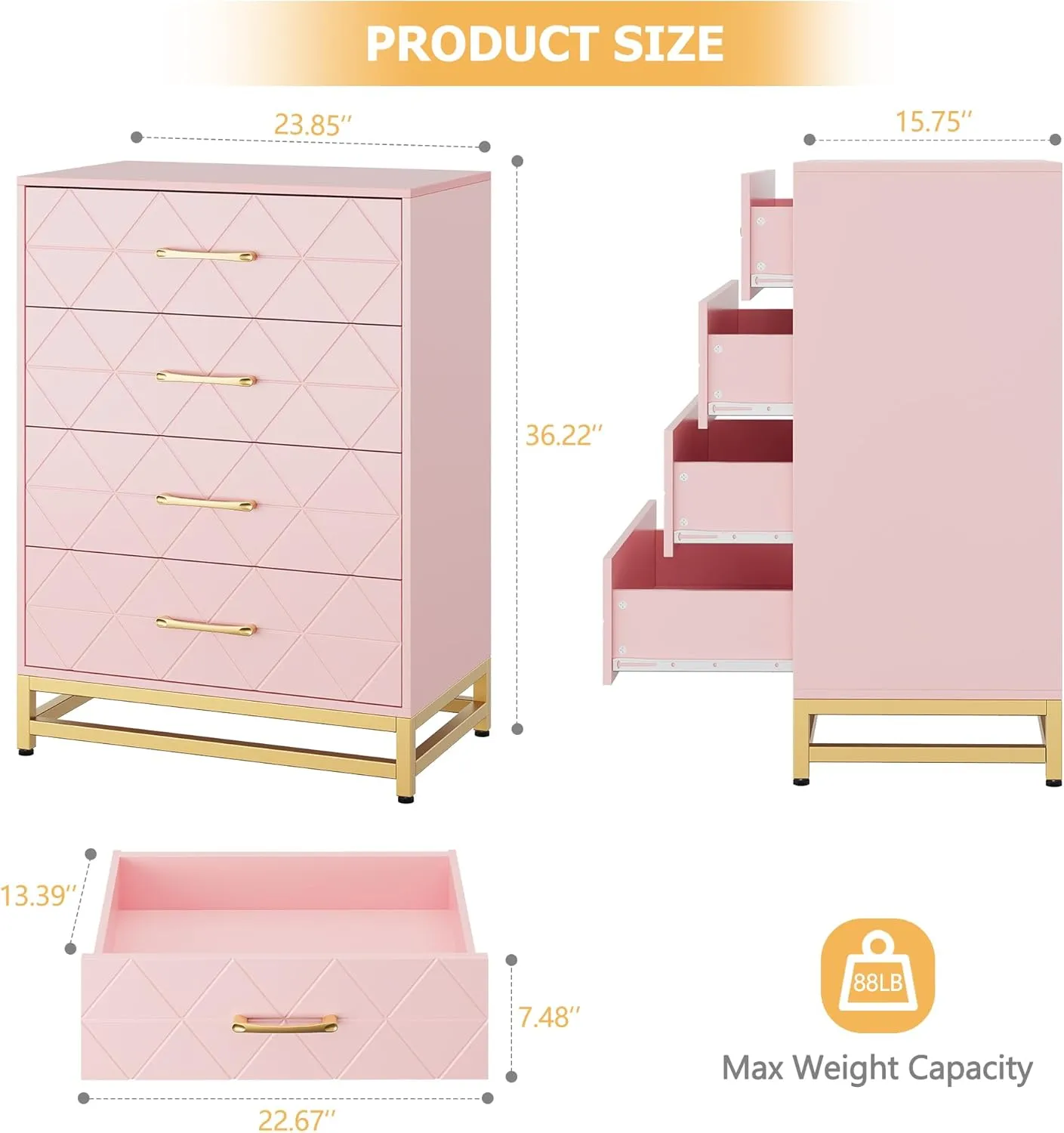 GAOMON Dresser for Bedroom with 4 Drawer, Modern Dressers Chest of Drawers, with Wide Drawers and Metal Handles, Wood Dressers, Pink