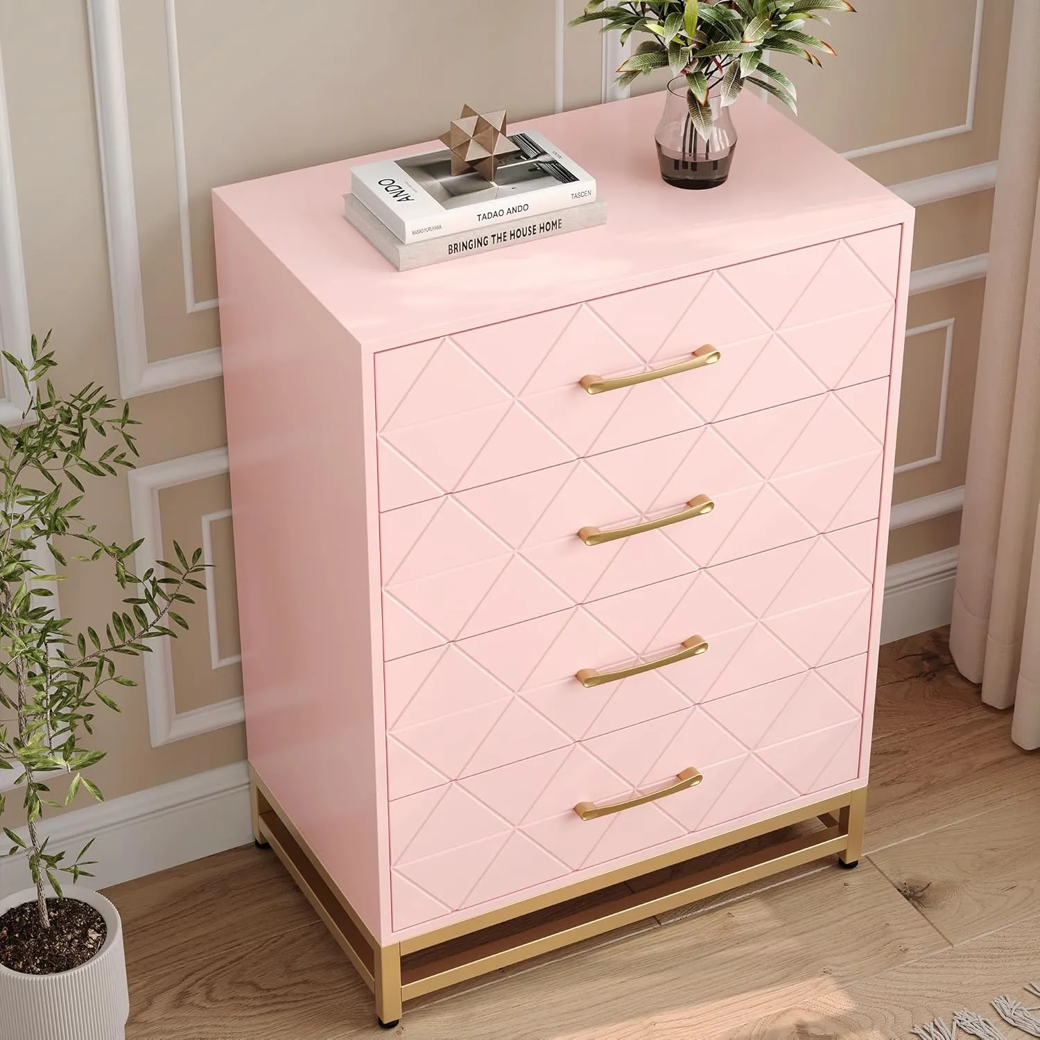 GAOMON Dresser for Bedroom with 4 Drawer, Modern Dressers Chest of Drawers, with Wide Drawers and Metal Handles, Wood Dressers, Pink