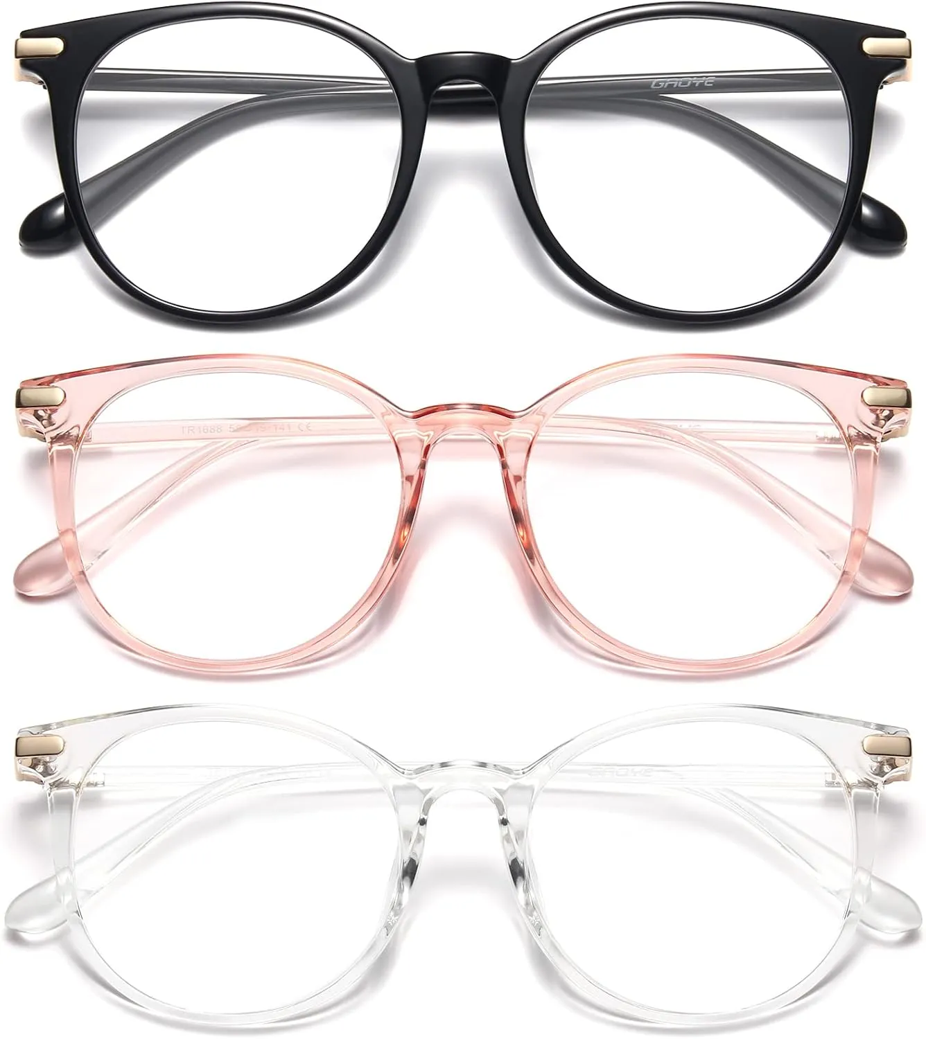 Gaoye 3 Pack Blue Light Blocking Glasses, Retro Round Eyewear Frame Anti Eyestrain Computer Glasses for Women Men - GY1688 (Black Pink Transparent)