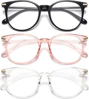 Gaoye 3 Pack Blue Light Blocking Glasses, Retro Round Eyewear Frame Anti Eyestrain Computer Glasses for Women Men - GY1688 (Black Pink Transparent)