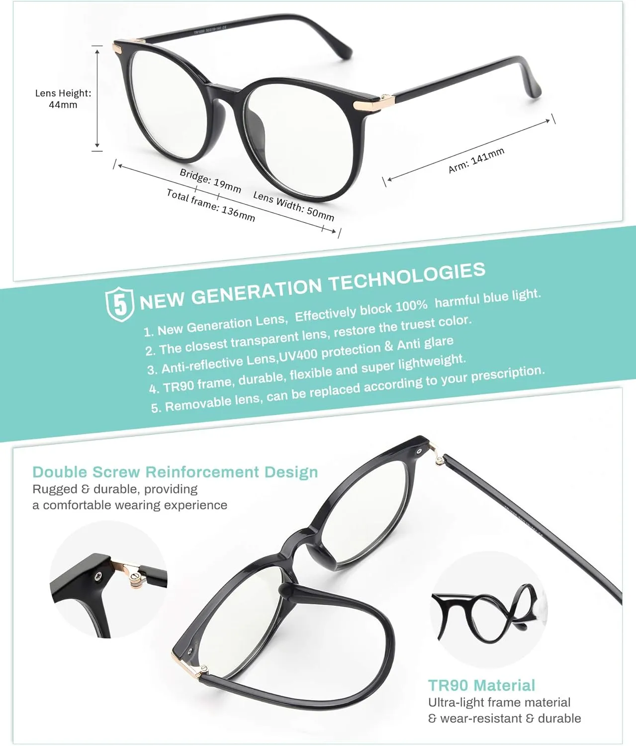 Gaoye Blue Light Blocking Glasses, Retro Round Eyewear Frame Anti Eyestrain Computer Glasses for Women Men - GY1688 (Light Black Frame/Transparent Lens)