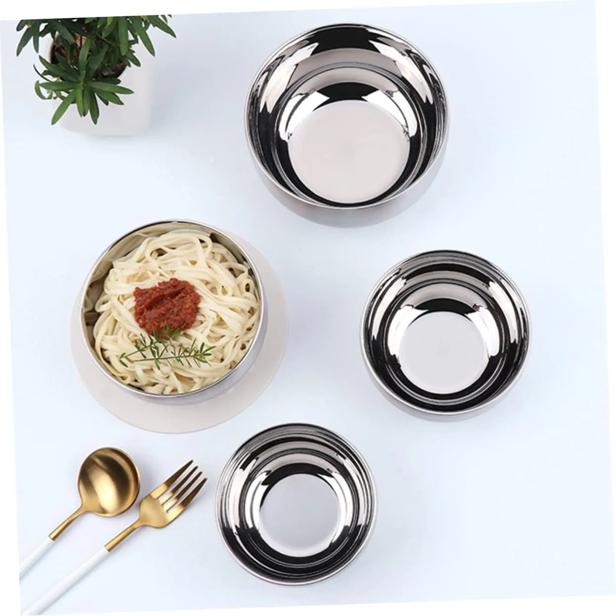Garneck Stainless Steel Bowl Set Double-layer Insulated Soup Rice Vegetable Serving Silver Handles