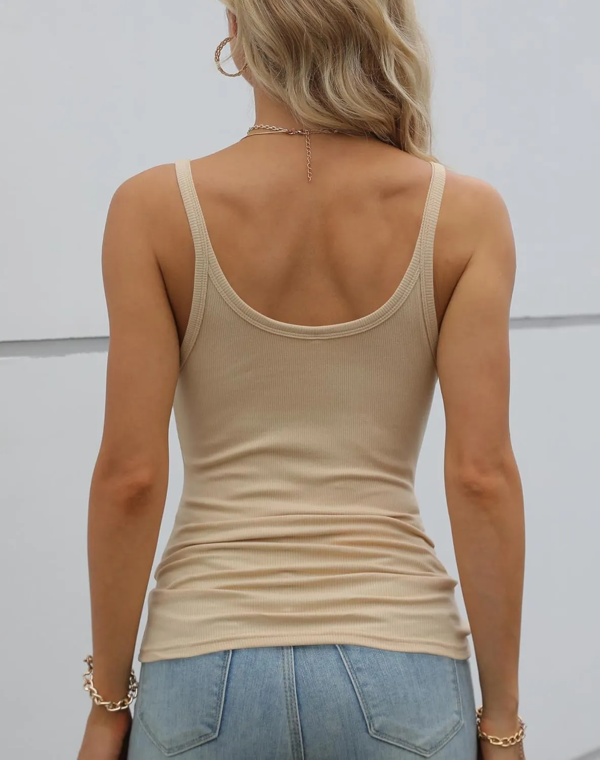 GEMBERA Women Spaghetti Strap Scoop Neck Ribbed Tank Tops Slim Fitted Cotton Camisole Basic Sleeveless Layering Shirts