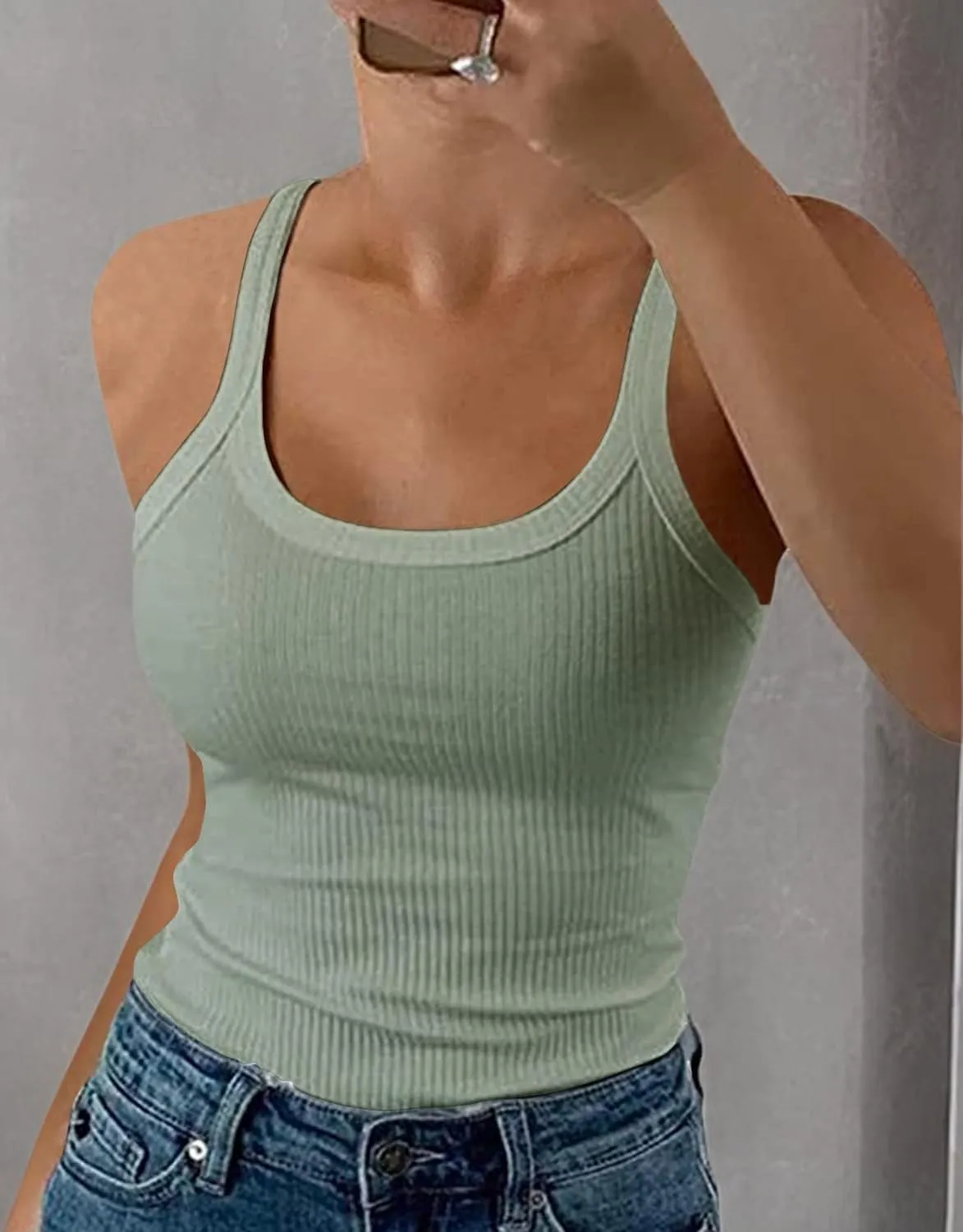GEMBERA Women Spaghetti Strap Scoop Neck Ribbed Tank Tops Slim Fitted Cotton Camisole Basic Sleeveless Layering Shirts