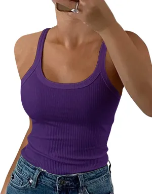 GEMBERA Women Spaghetti Strap Scoop Neck Ribbed Tank Tops Slim Fitted Cotton Camisole Basic Sleeveless Layering Shirts