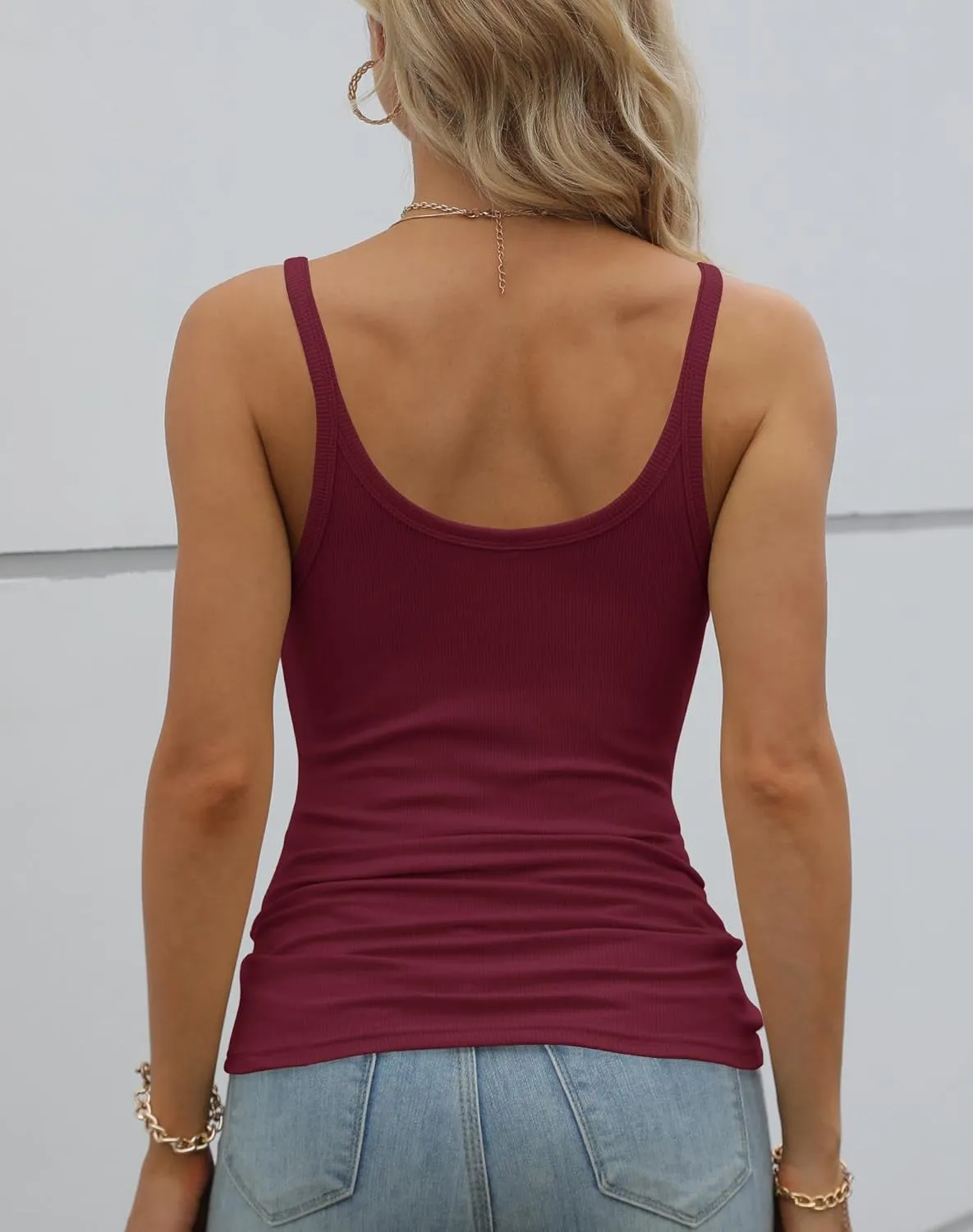 GEMBERA Women Spaghetti Strap Scoop Neck Ribbed Tank Tops Slim Fitted Cotton Camisole Basic Sleeveless Layering Shirts