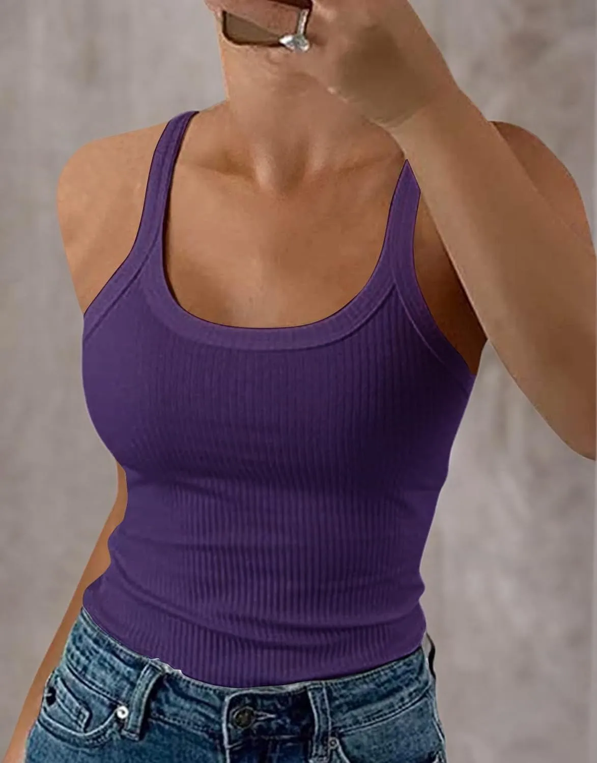 GEMBERA Women Spaghetti Strap Scoop Neck Ribbed Tank Tops Slim Fitted Cotton Camisole Basic Sleeveless Layering Shirts