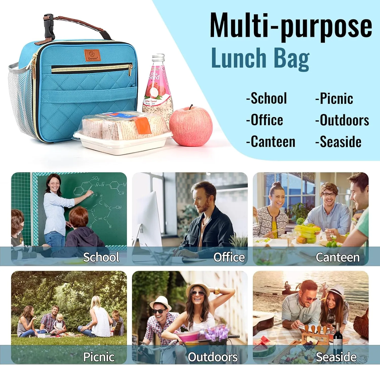 Genteen Lunch Box for Men Women Adults Kids - Insulated LunchBox Reusable, Zip Closure & Buckle Handle, Portable Cooler for Work, School, Travel (Teal)