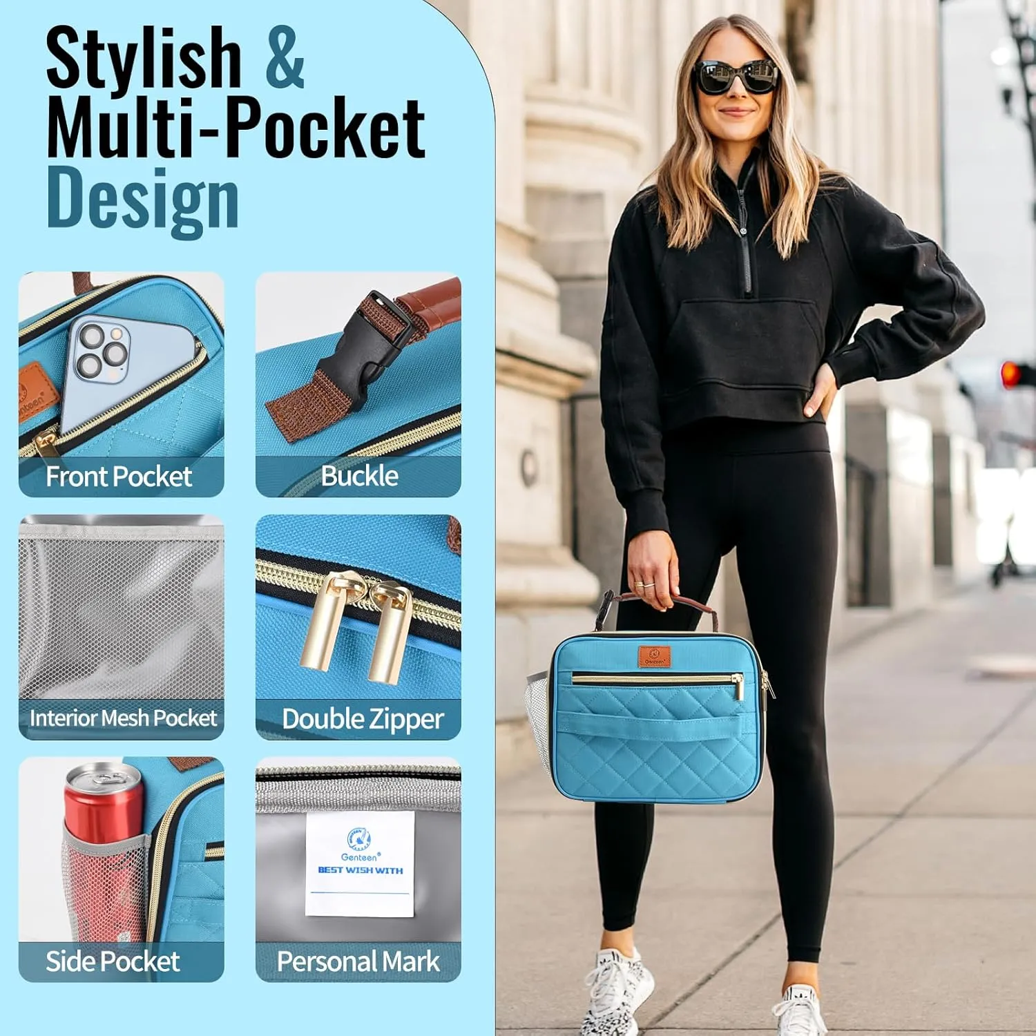 Genteen Lunch Box for Men Women Adults Kids - Insulated LunchBox Reusable, Zip Closure & Buckle Handle, Portable Cooler for Work, School, Travel (Teal)