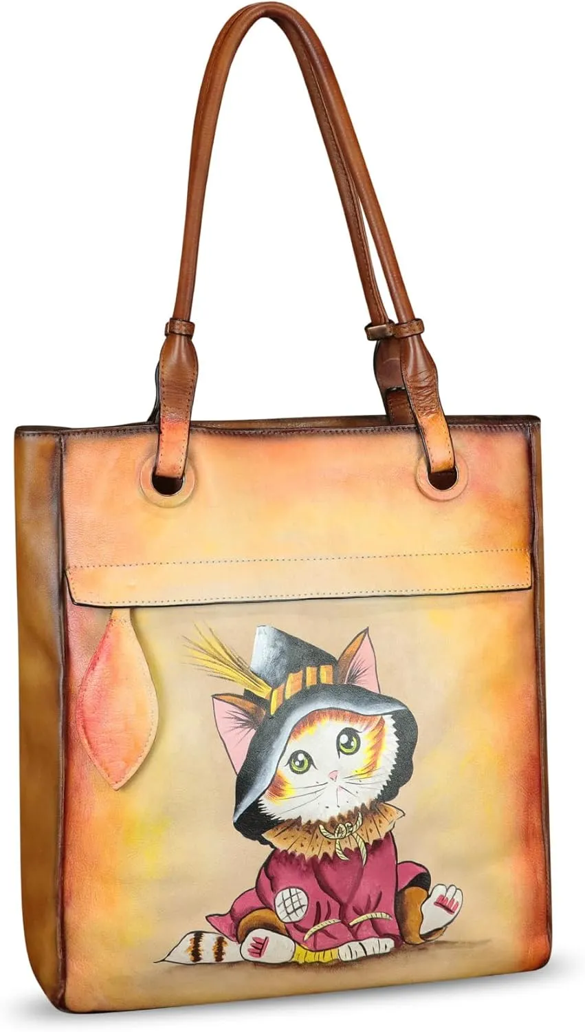 Genuine Leather Shoulder Bag for Women Hand Painted Leather Handbag Handmade Work Tote Bag Casual Hand Purse