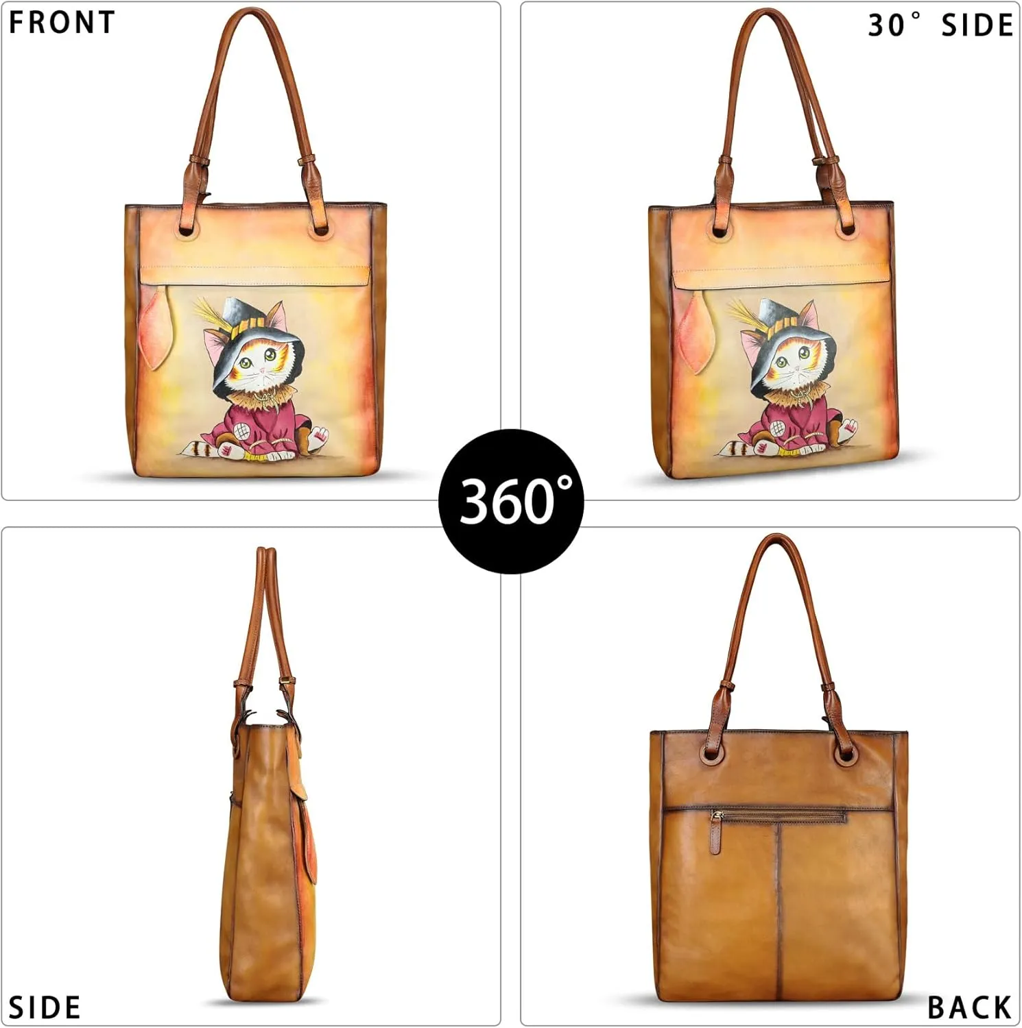 Genuine Leather Shoulder Bag for Women Hand Painted Leather Handbag Handmade Work Tote Bag Casual Hand Purse