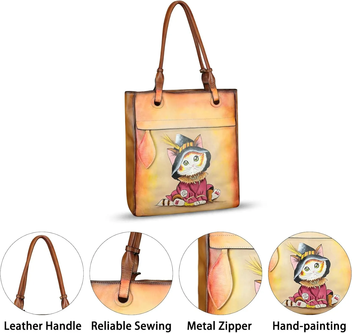 Genuine Leather Shoulder Bag for Women Hand Painted Leather Handbag Handmade Work Tote Bag Casual Hand Purse