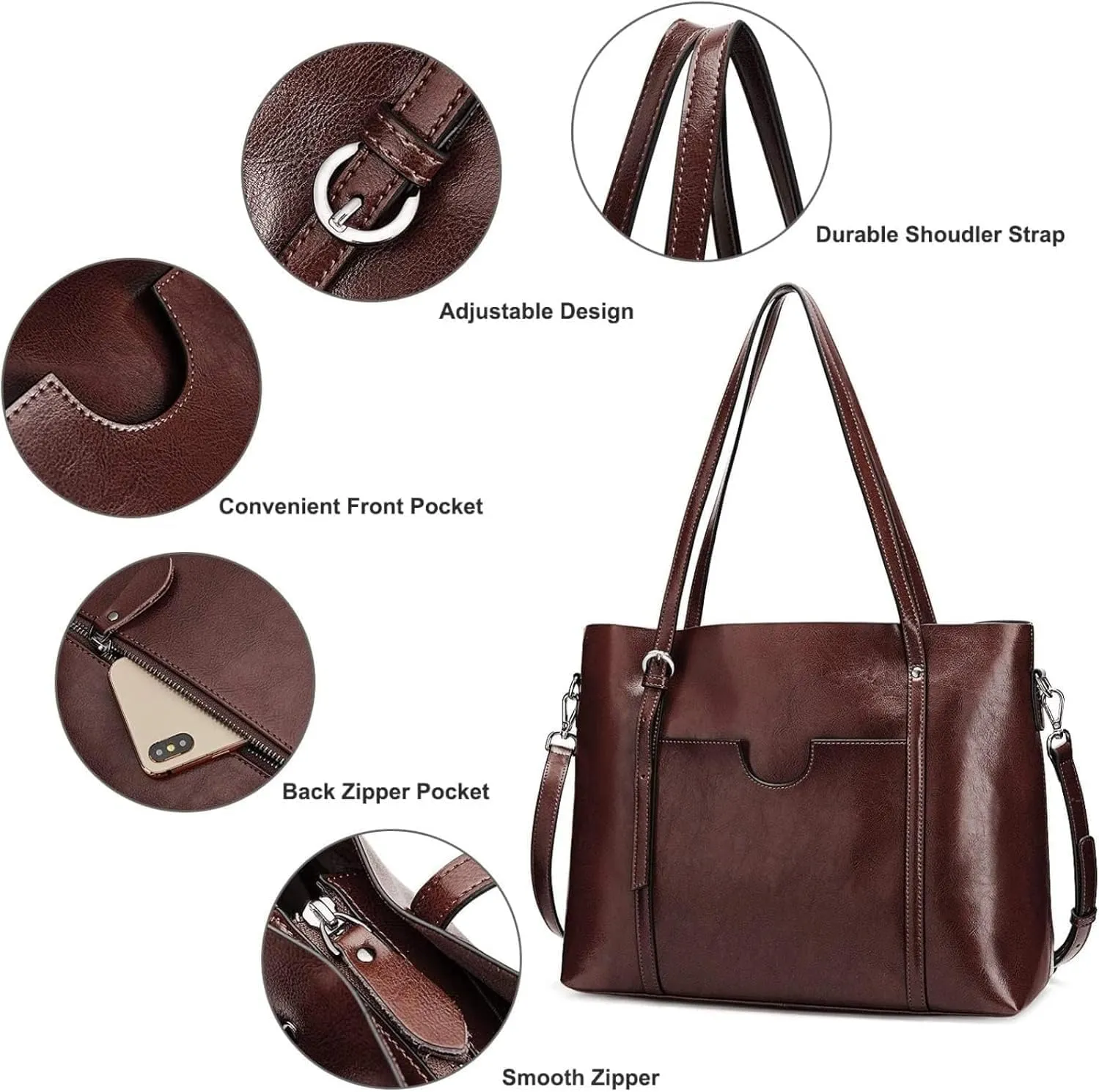 Genuine Leather Tote Bag for Women – Large Capacity Work Bag with Zipper, Adjustable Top Handles, Fits 14-Inch Laptop