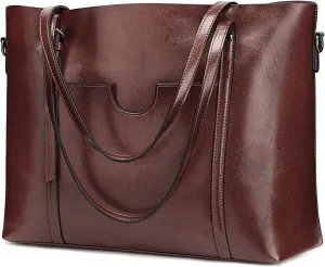Genuine Leather Tote Bag for Women – Large Capacity Work Bag with Zipper, Adjustable Top Handles, Fits 14-Inch Laptop