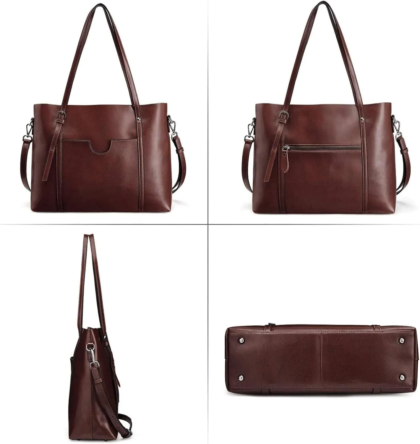 Genuine Leather Tote Bag for Women – Large Capacity Work Bag with Zipper, Adjustable Top Handles, Fits 14-Inch Laptop