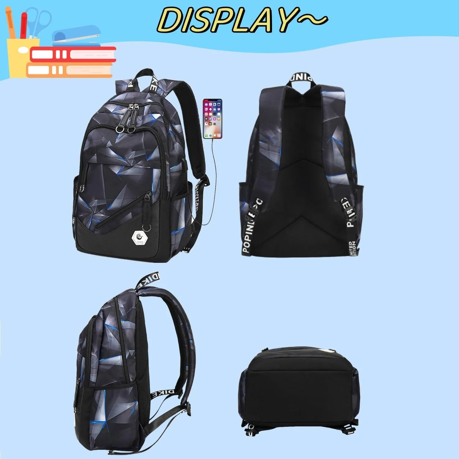 Geometric-Print School Backpack for Teen Boys Laptop Bookbag with USB Charging Port Kids School Bag for Elementary Black Blue