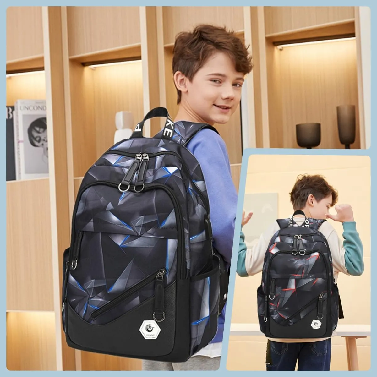 Geometric-Print School Backpack for Teen Boys Laptop Bookbag with USB Charging Port Kids School Bag for Elementary Black Blue