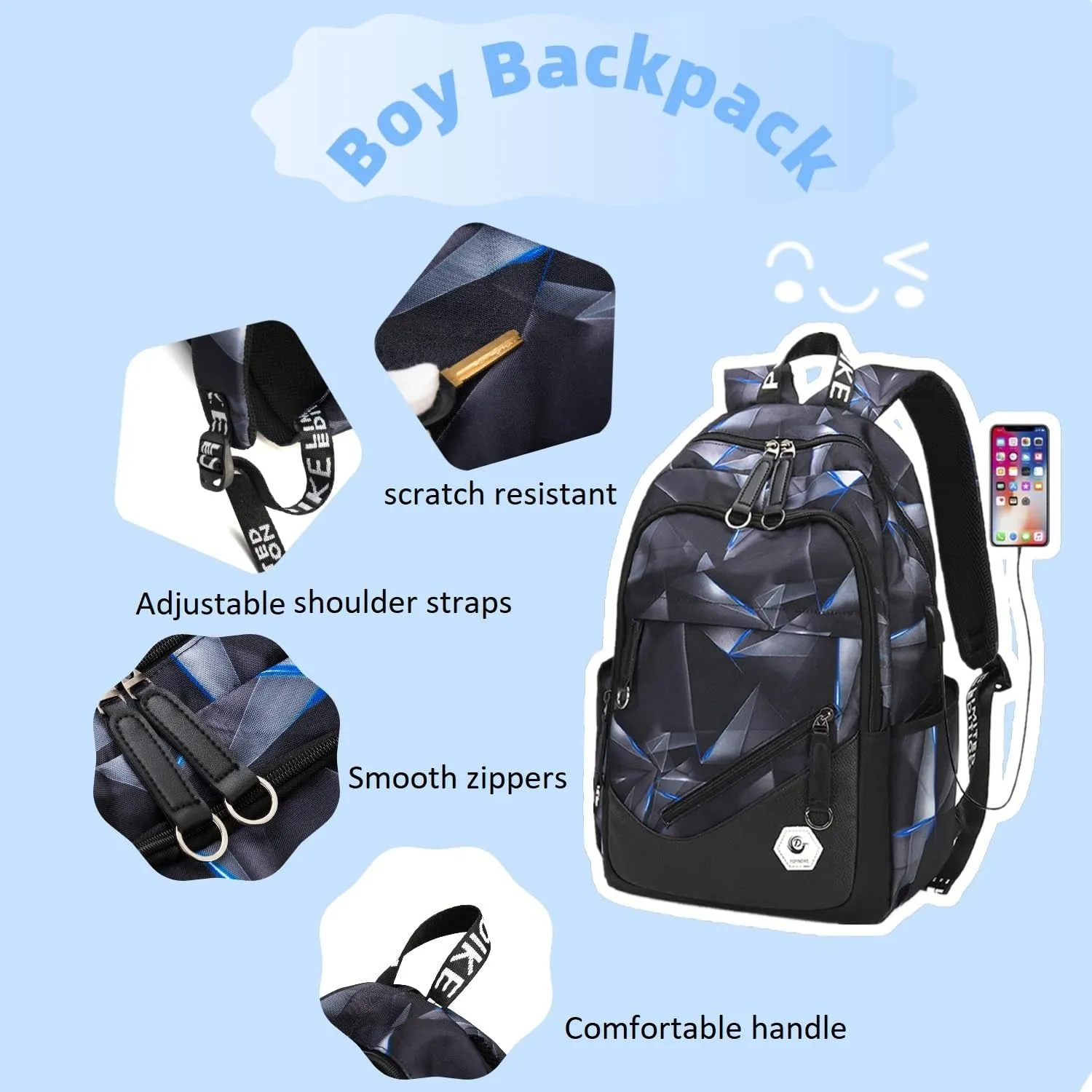 Geometric-Print School Backpack for Teen Boys Laptop Bookbag with USB Charging Port Kids School Bag for Elementary Black Blue